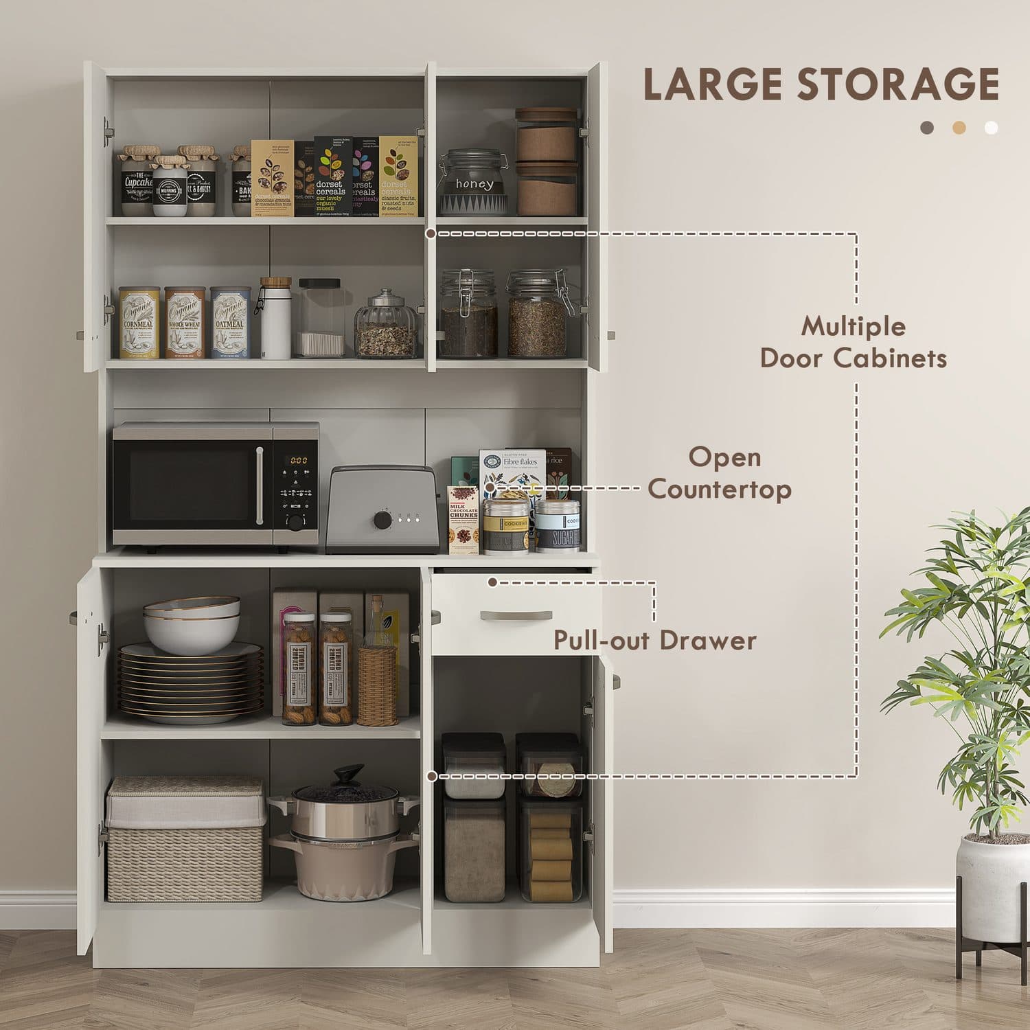 A tall white pantry cabinet with open hutch and generous storage - image 4