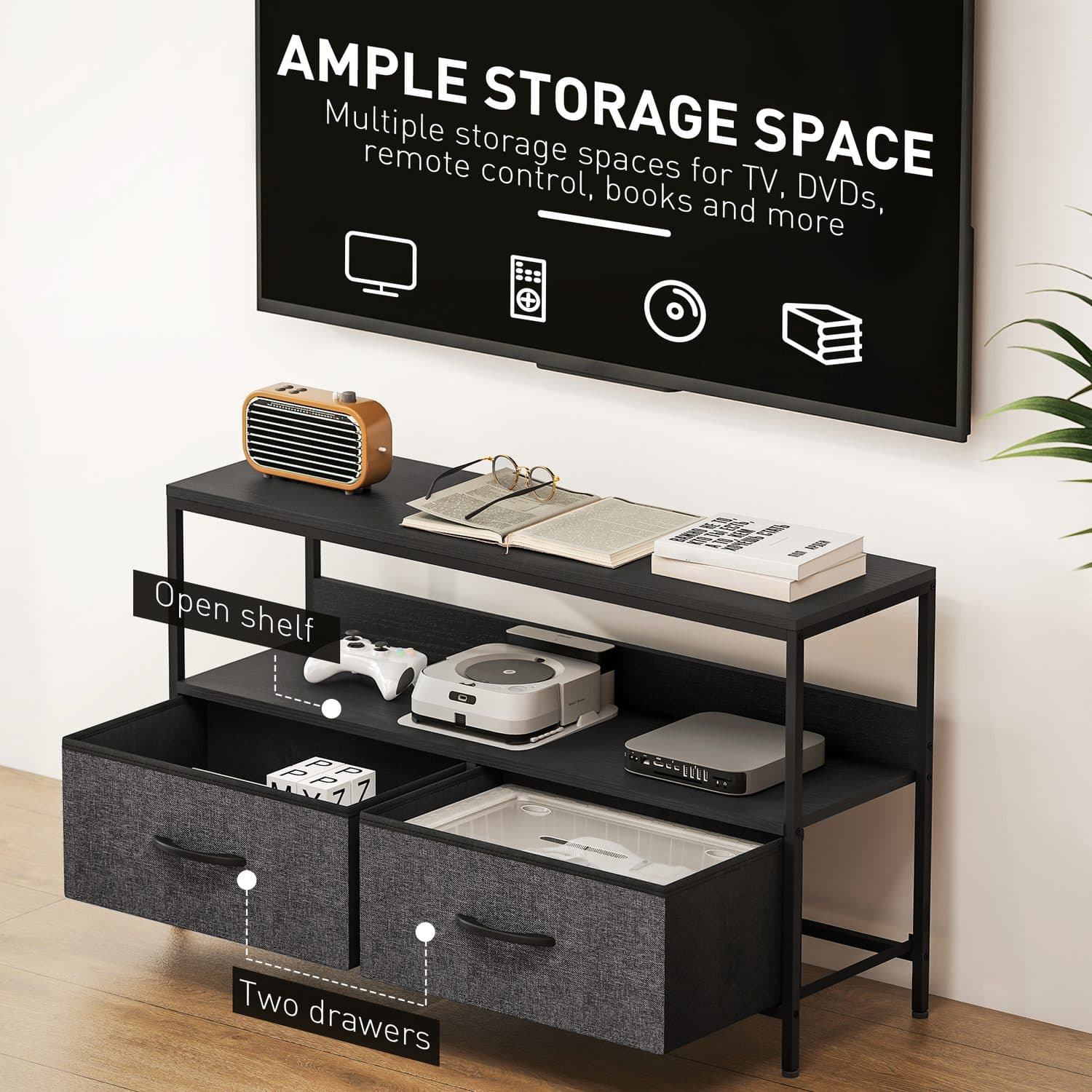 Modern Black TV Stand with Foldable Fabric Drawers - image 4