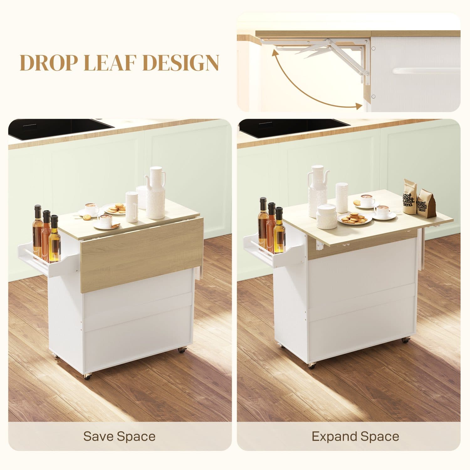 Kitchen Island on Wheels with Drawer, Cabinet and Side Rack - image 5