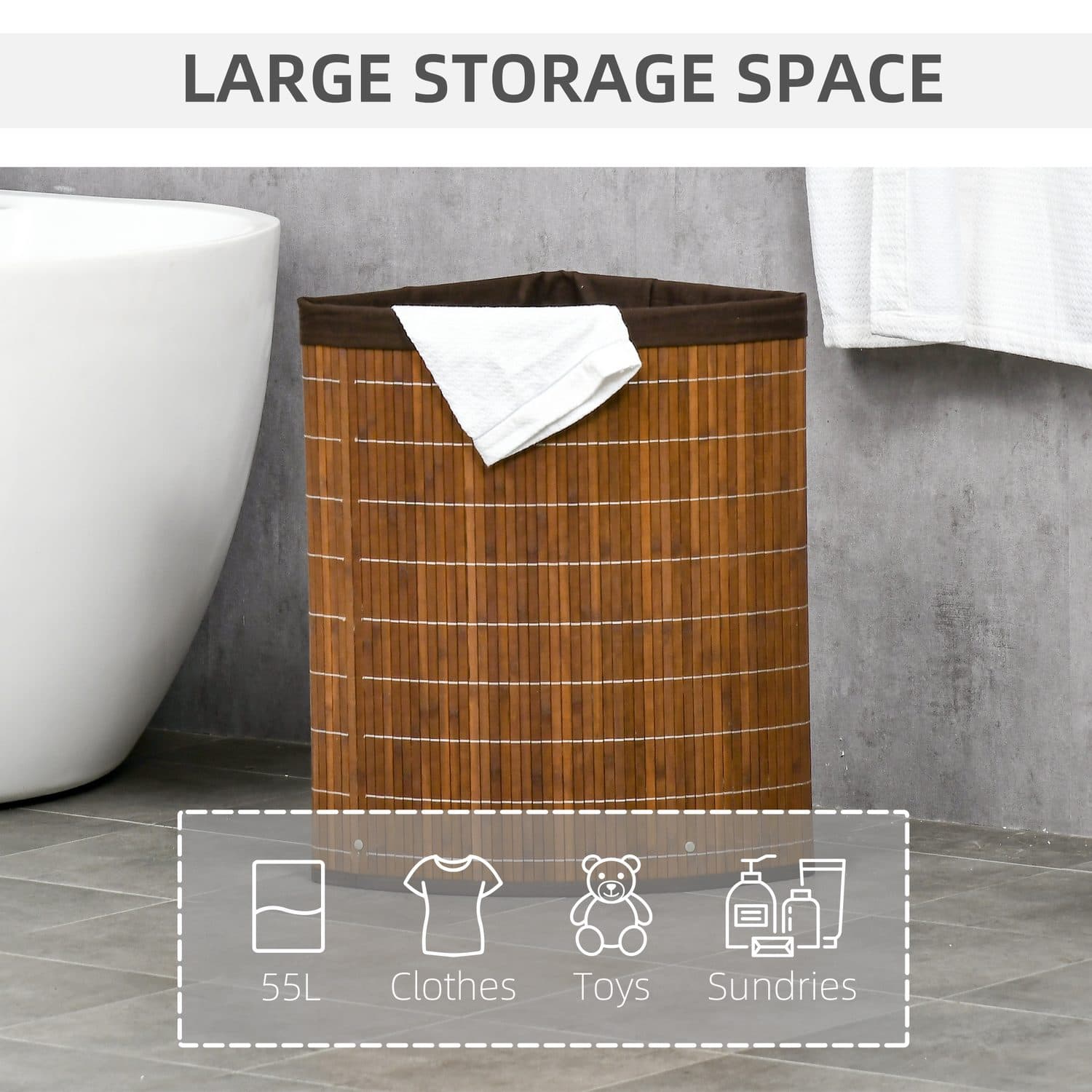 55-Litre Bamboo Corner Laundry Hamper with Lid and Removable Lining - image 3