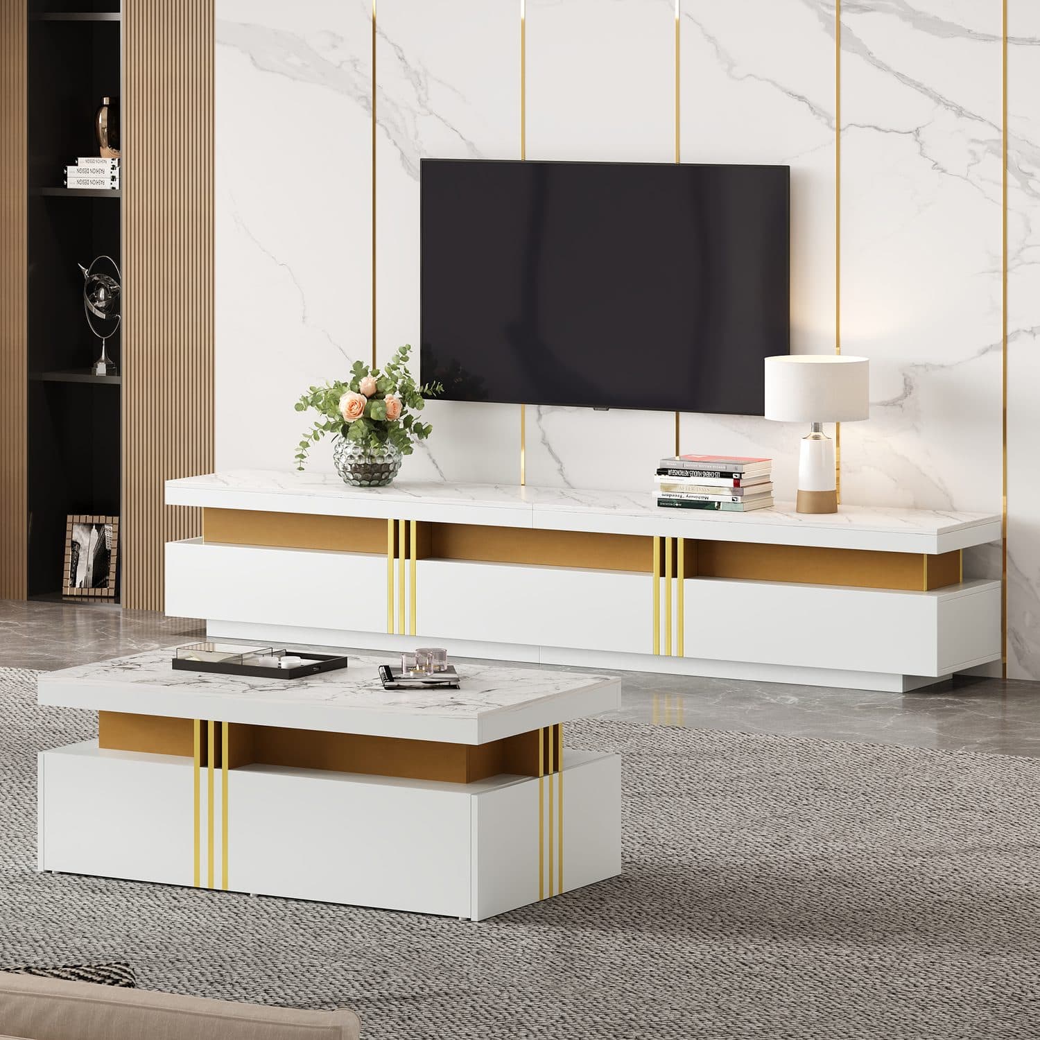 White & Gold TV Unit and Coffee Table Set with Storage Drawers - image 1