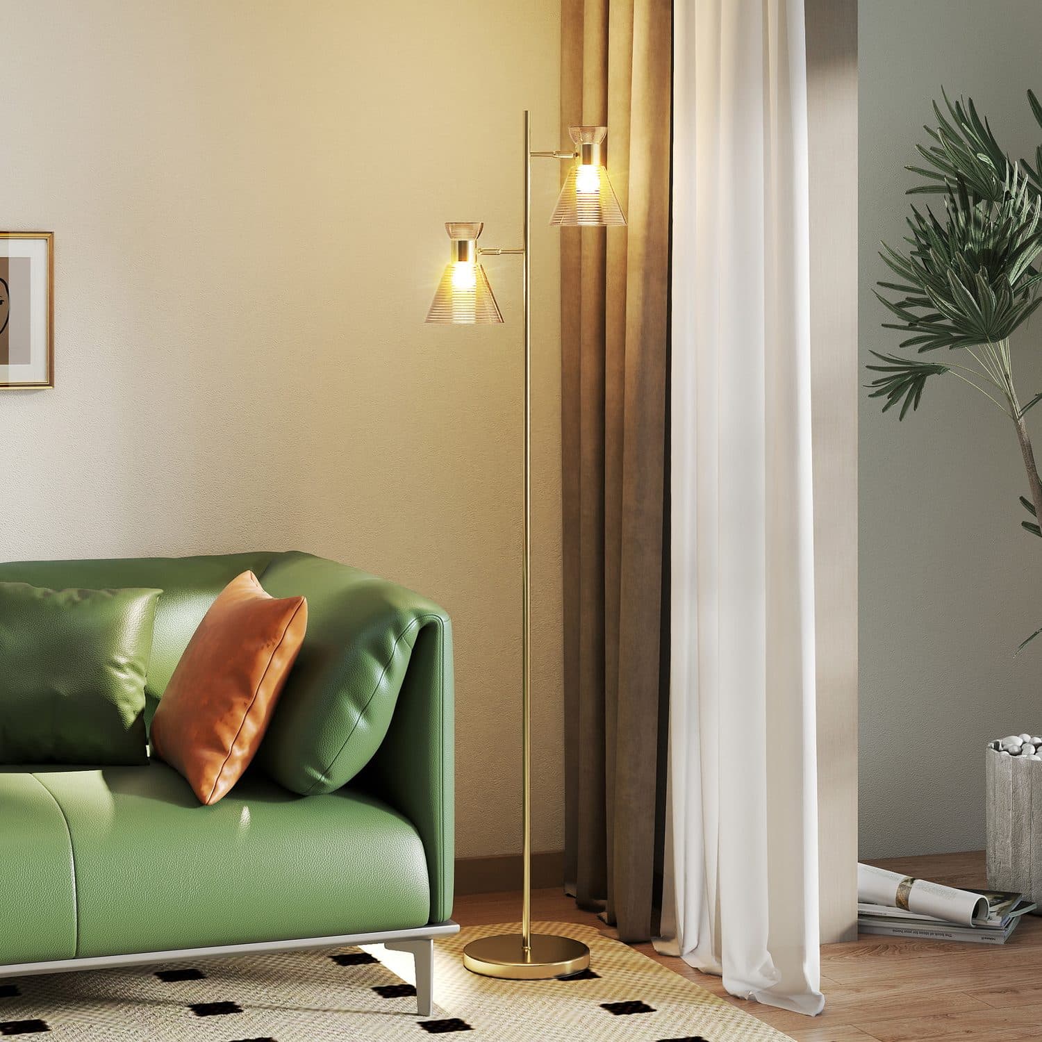 Gold dual head floor lamp with warm glass shades - image 5