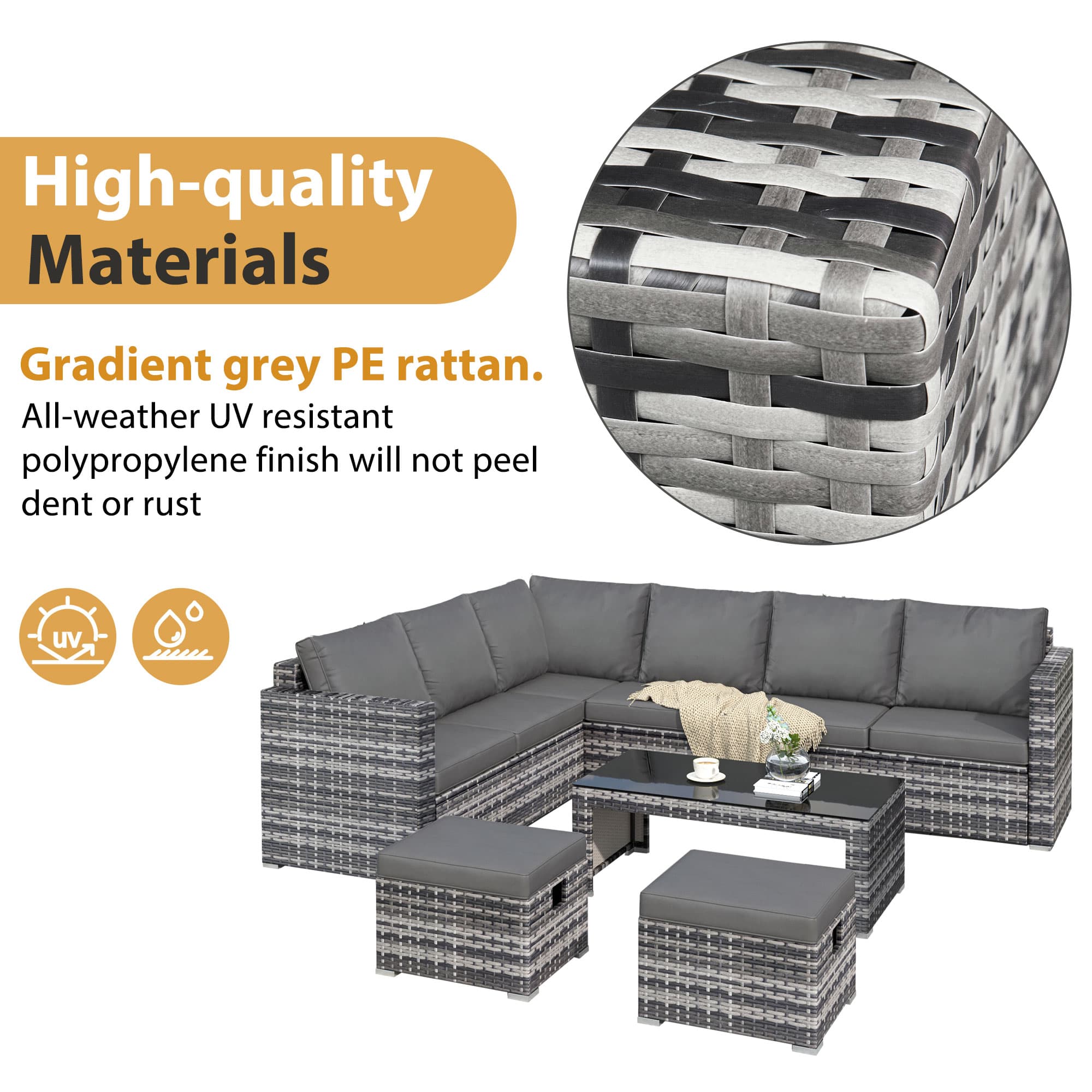 Grey Rattan Garden Corner Sofa Set with Coffee Table and 2 Ottoman Stools - image 5