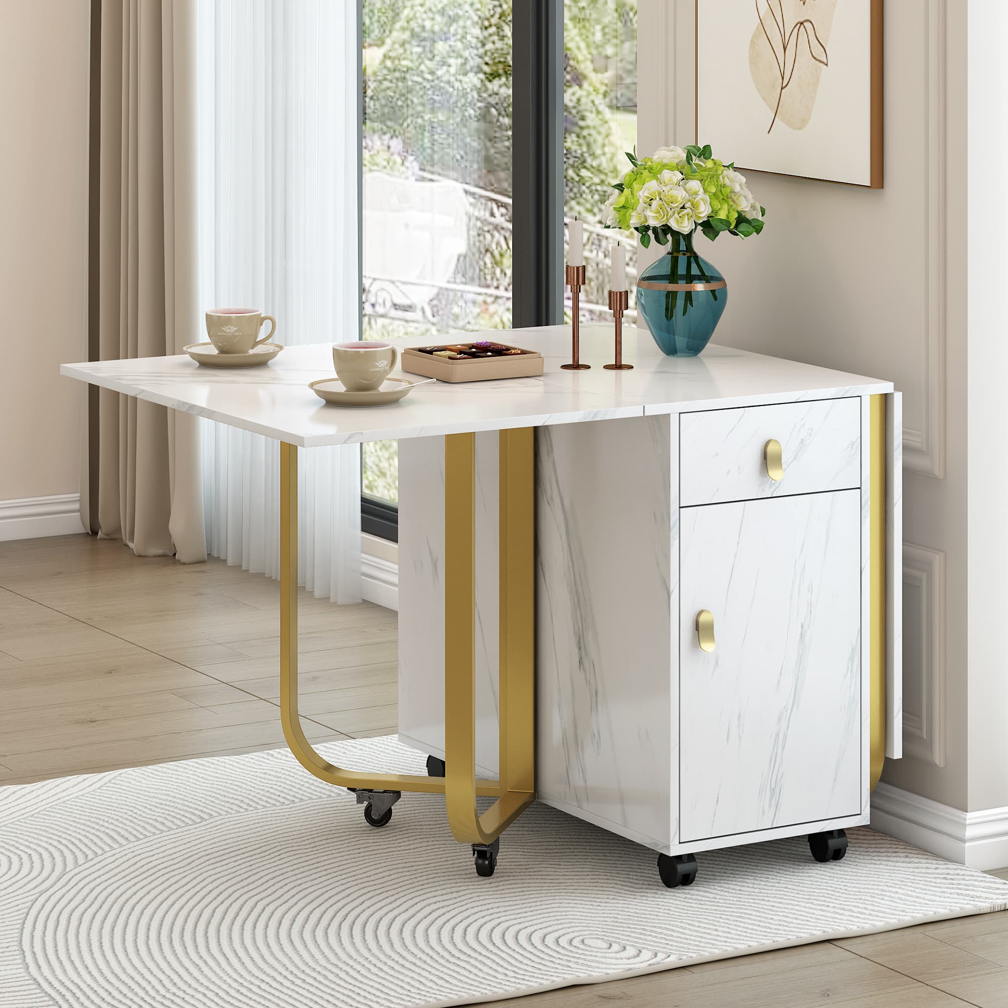 Space-Saving Folding Dining Table with Elegant Gold Details - image 5