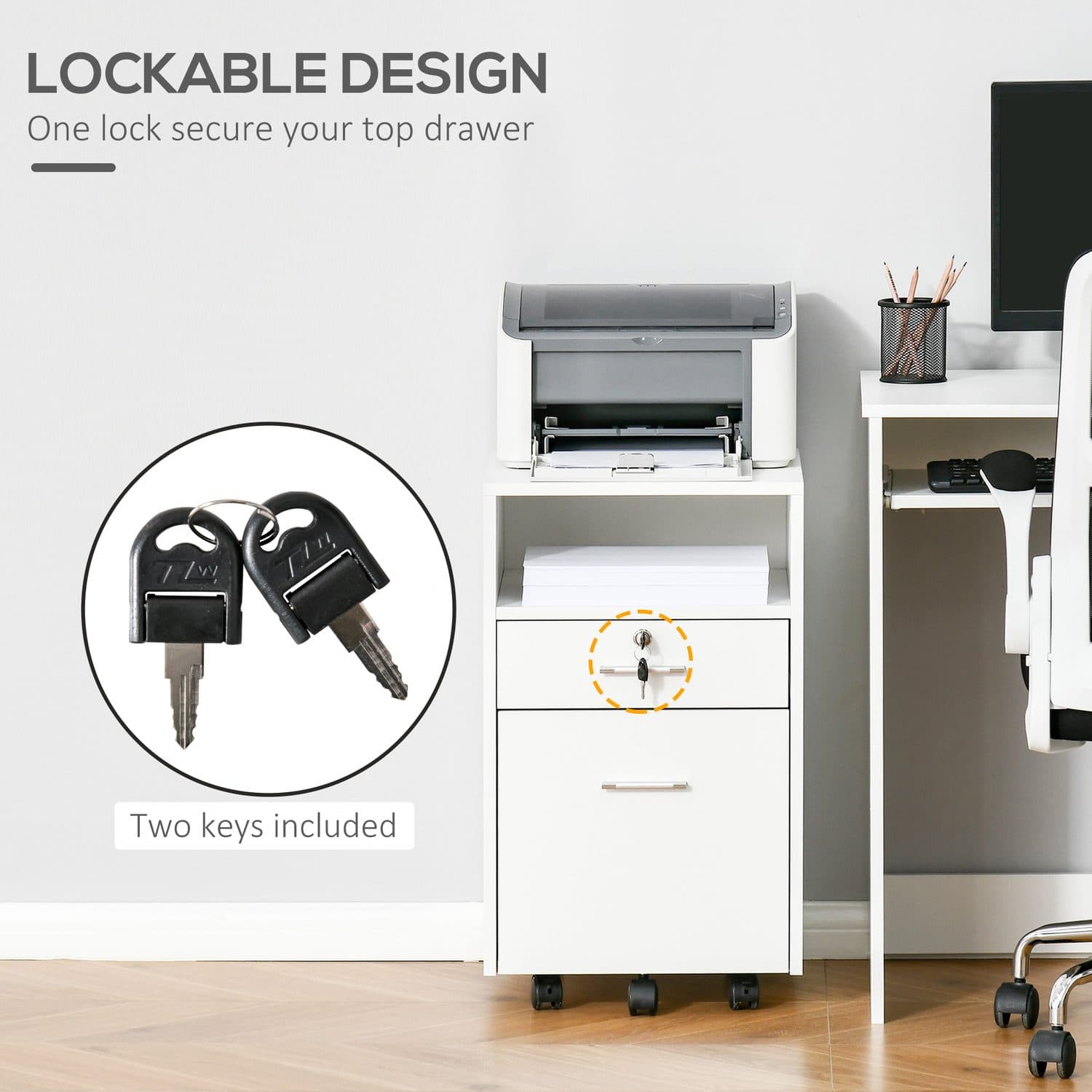 Two-Drawer Lockable Filing Cabinet with Wheels and Open Shelf - image 3