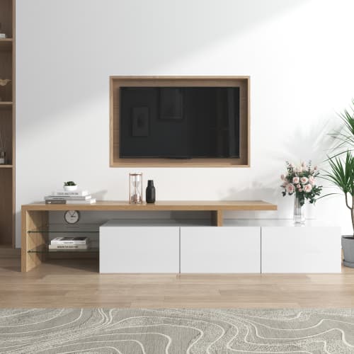 Contemporary TV Stand with LED Lighting, High Gloss White & Wood Effect - image 2