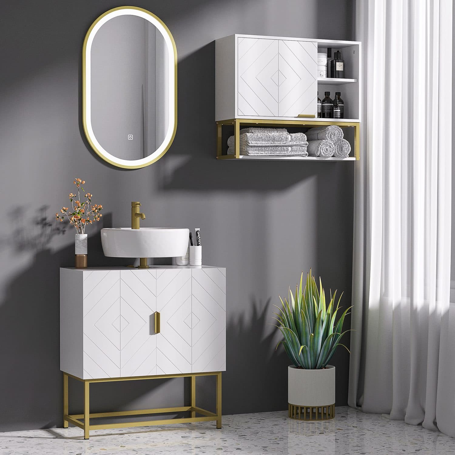 White Under Sink Cabinet with Gold Frame - image 4