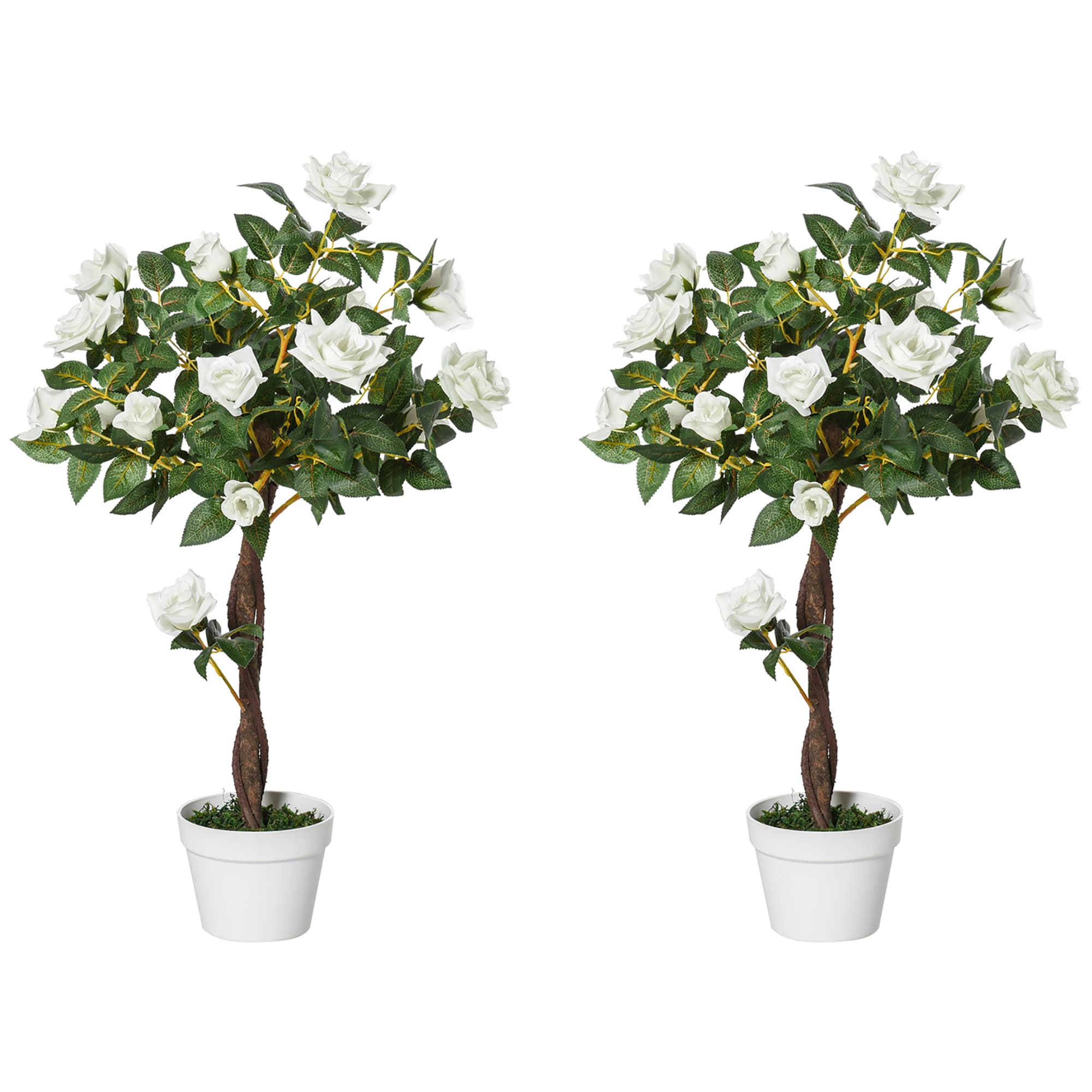A pair of faux white rose topiary trees in white pots, 90cm tall