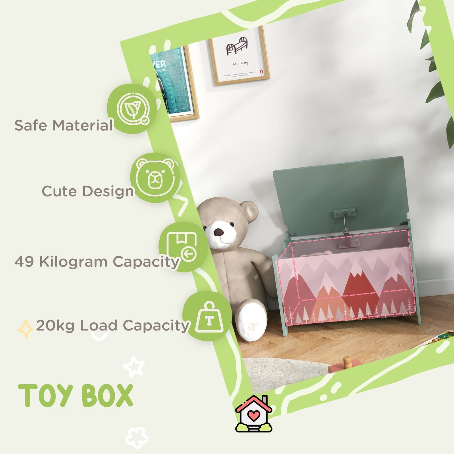 Green Kids Toy Chest with Soft-Close Safety Hinge - image 3