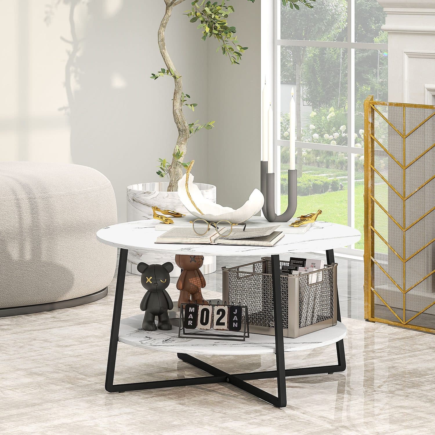 Round Marble-Effect Coffee Table — Two Tiers, Black Metal Frame - image 2