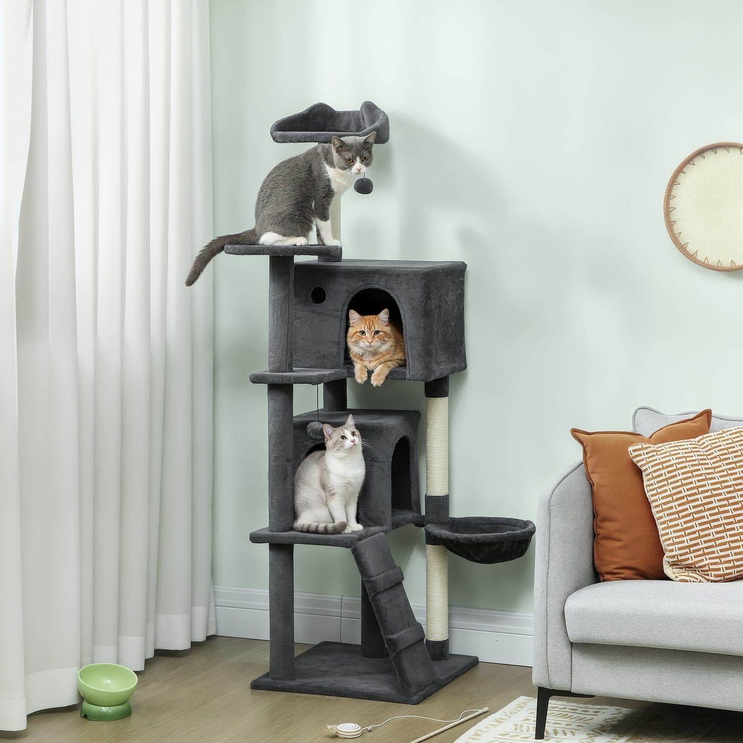 Cat tree with two condos, hammock and sisal posts, dark grey - image 1