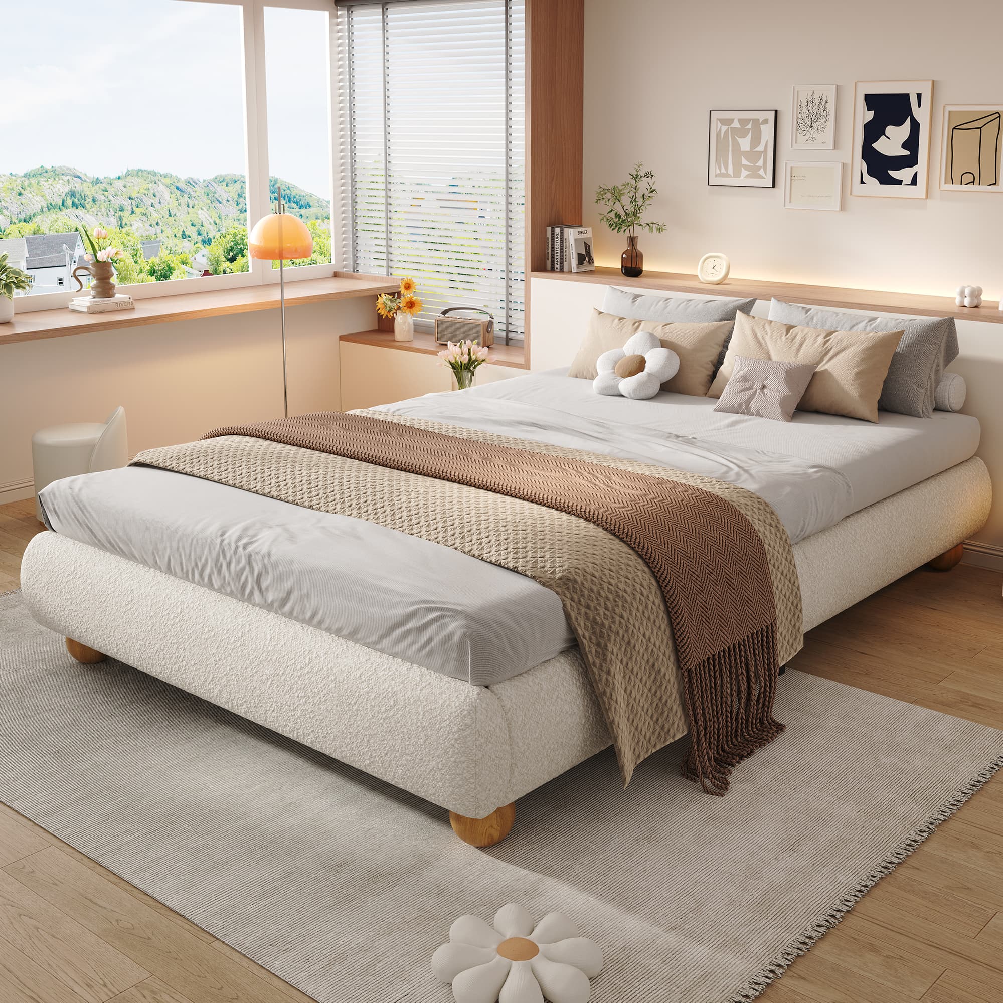 Beige Boucle Double Bed