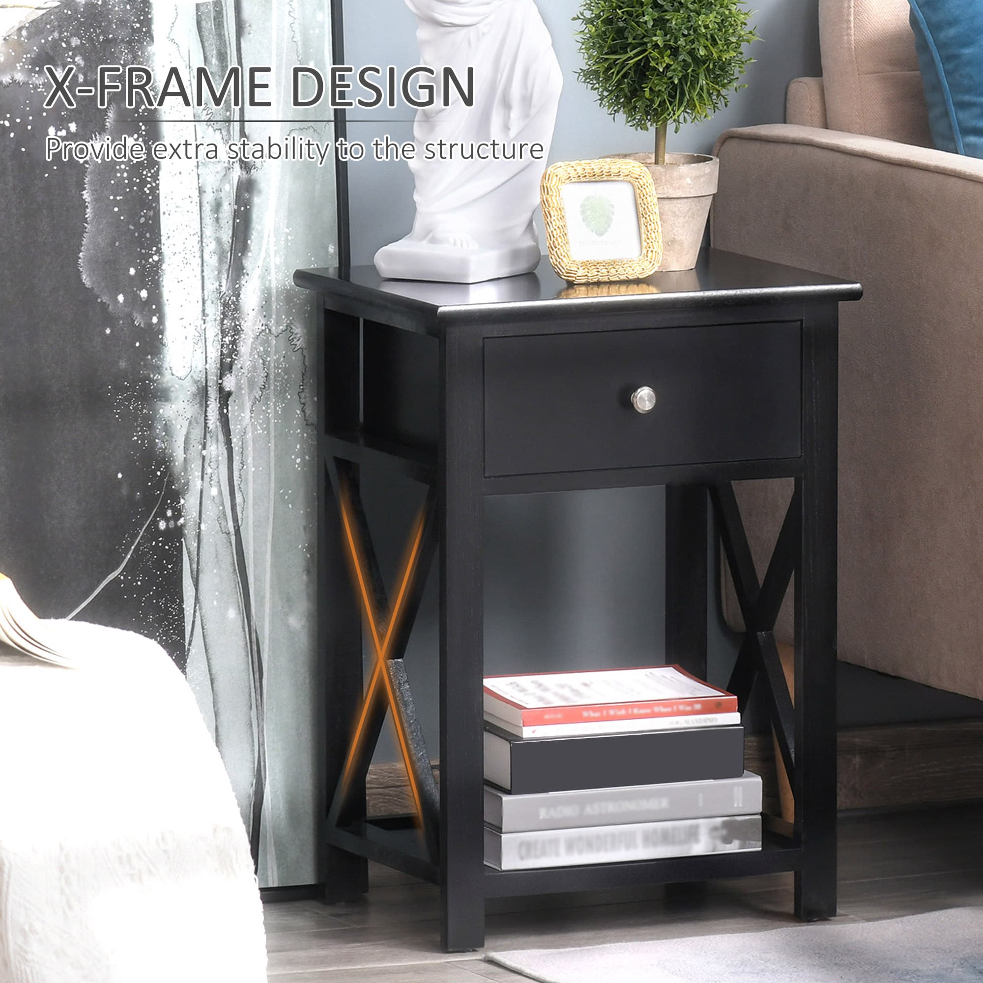 Black Side Table with Drawer and Bottom Storage Shelf - image 1