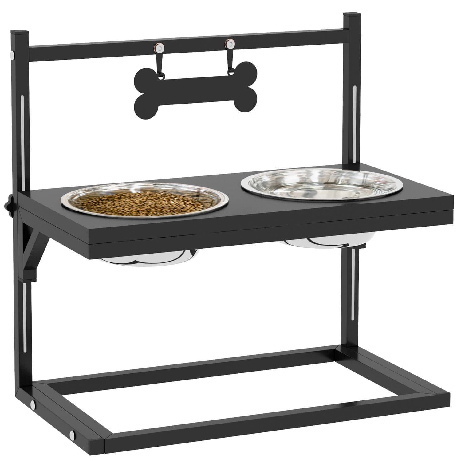 Height-Adjustable Dog Feeder Stand in Black with Two Stainless Bowls - Black