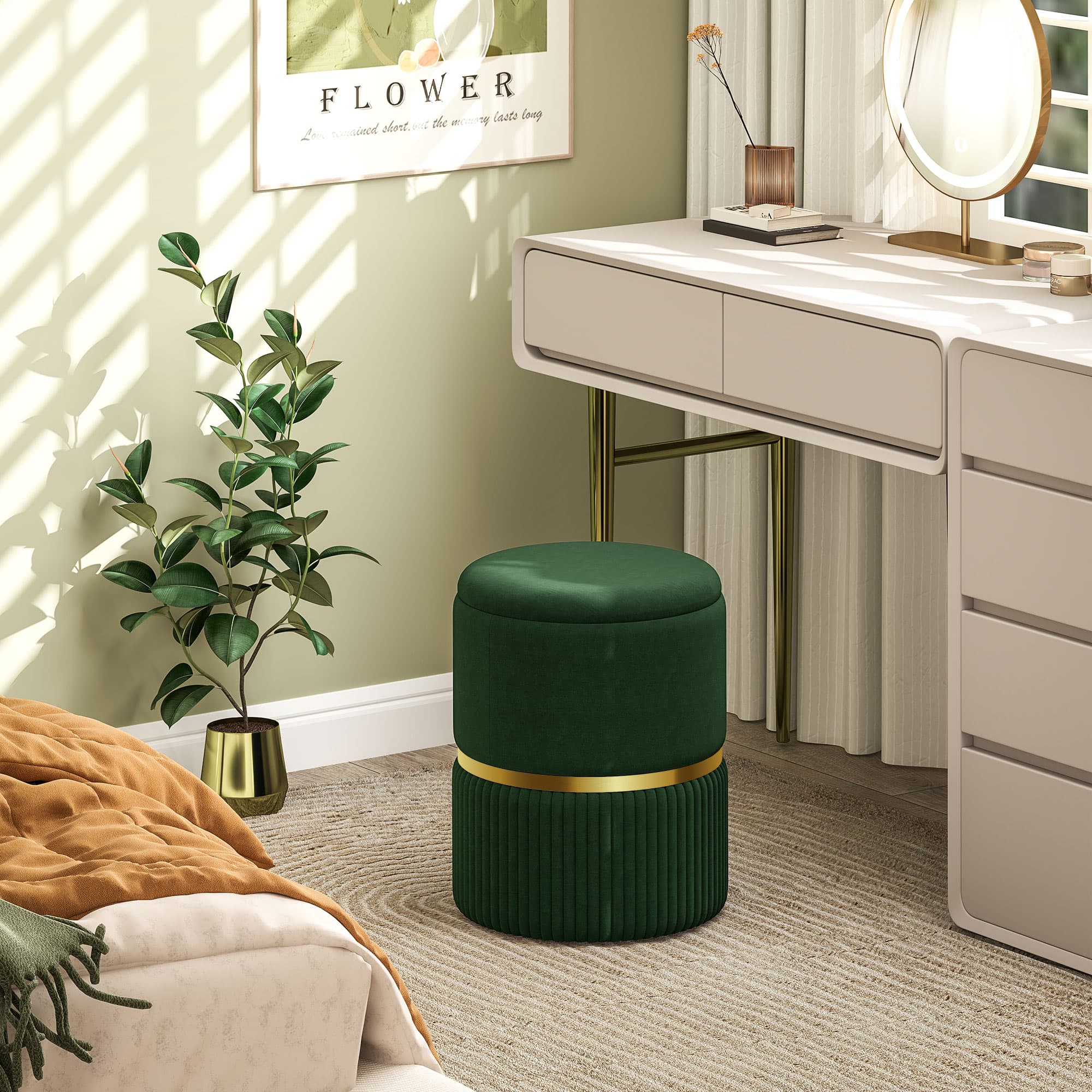 Dark Green Velvet-Feel Storage Ottoman - image 5