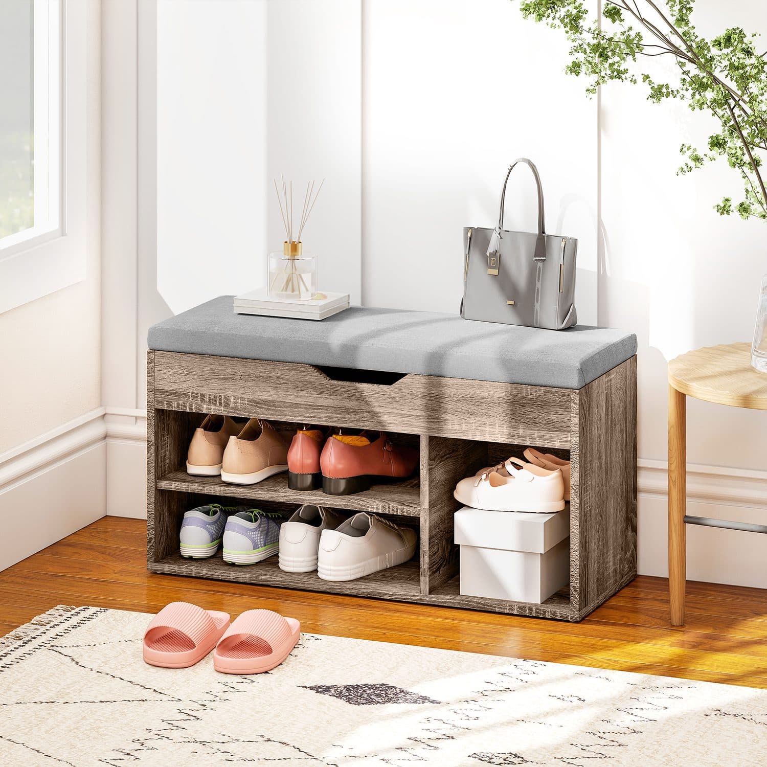 Grey Wood Shoe Storage Bench With Padded Seat - image 4