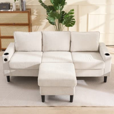 Beige L-Shaped Sofa with Built-In USB & Cup Holders - image 8