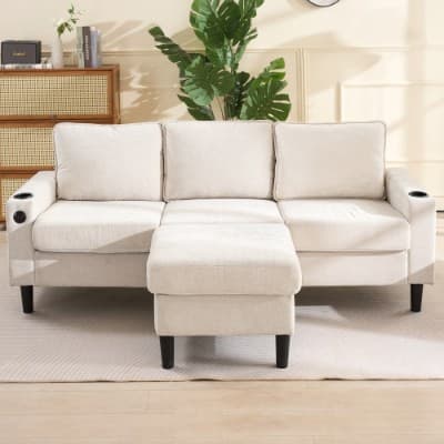 Beige L-Shaped Sofa with Built-In USB & Cup Holders - image 1