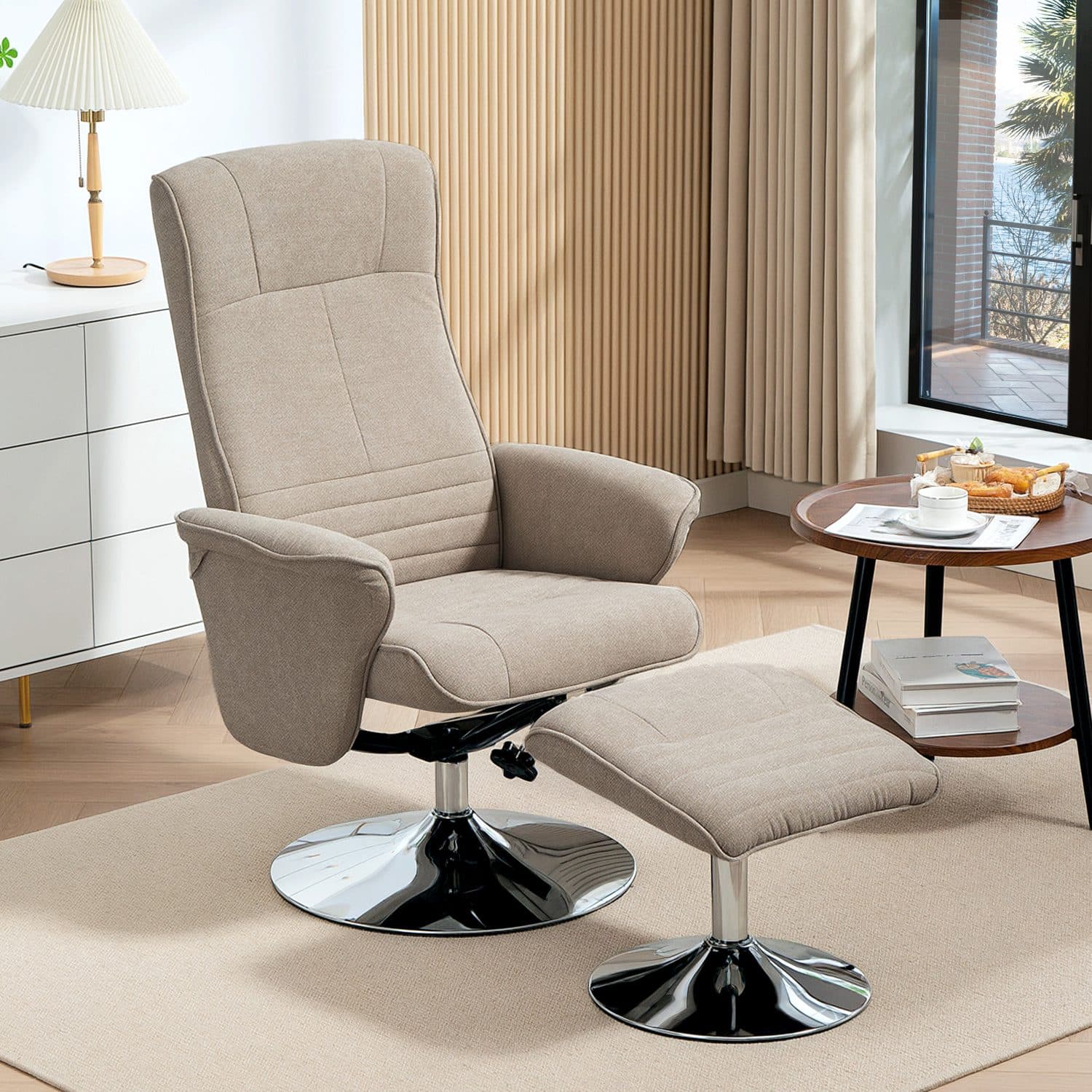 Reclining Swivel Chair and Matching Footstool in Stone Beige - image 5