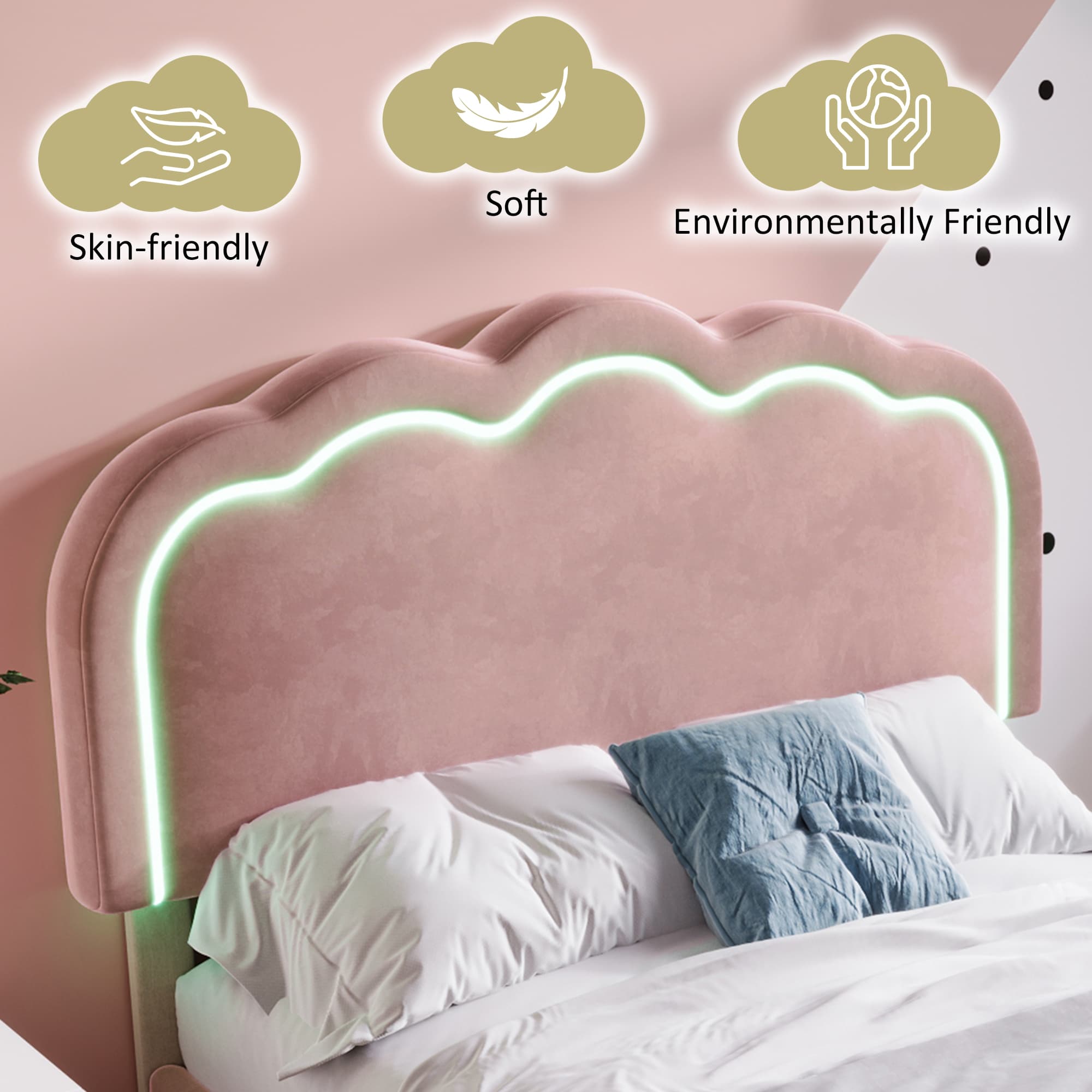 Pink Velvet Bed & LED Headboard - image 5
