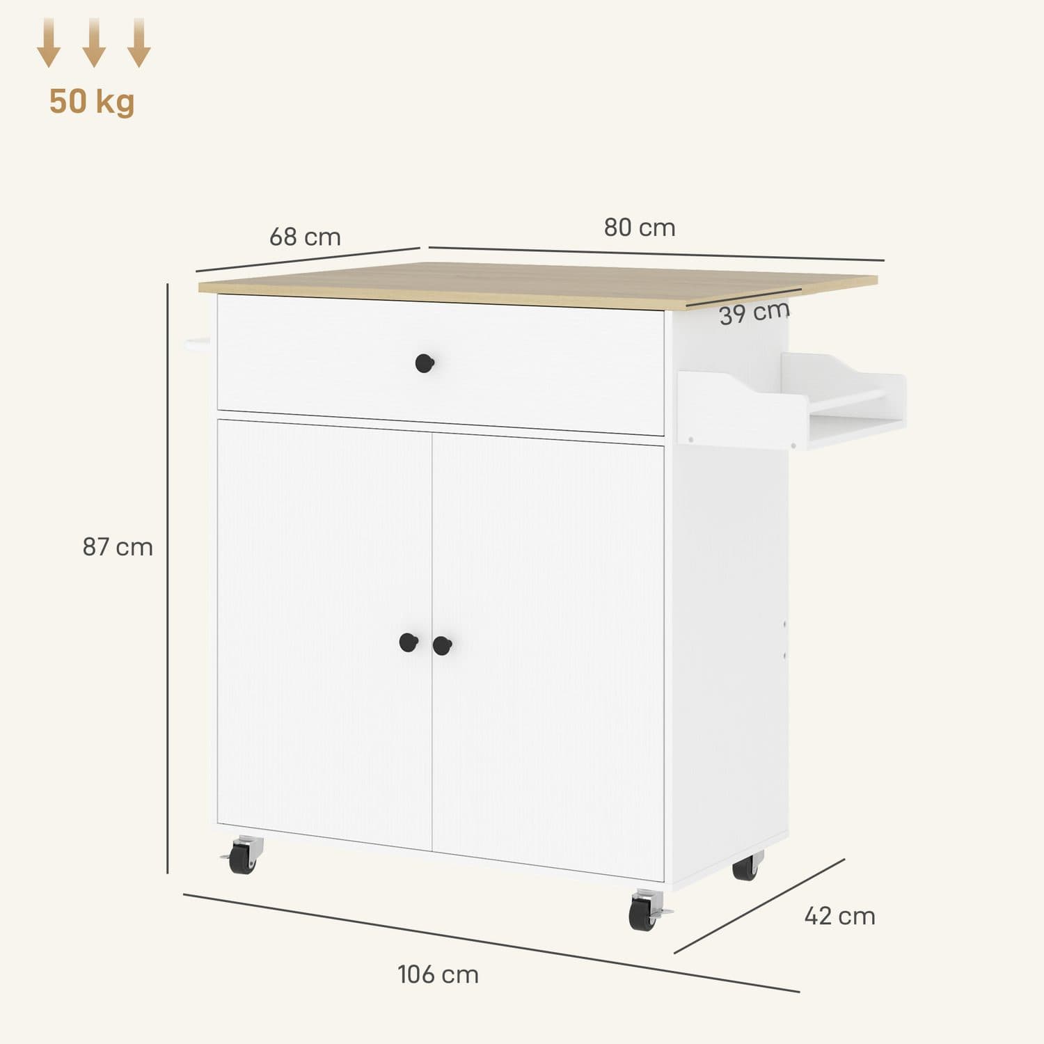 Kitchen Island on Wheels with Drawer, Cabinet and Side Rack - image 4