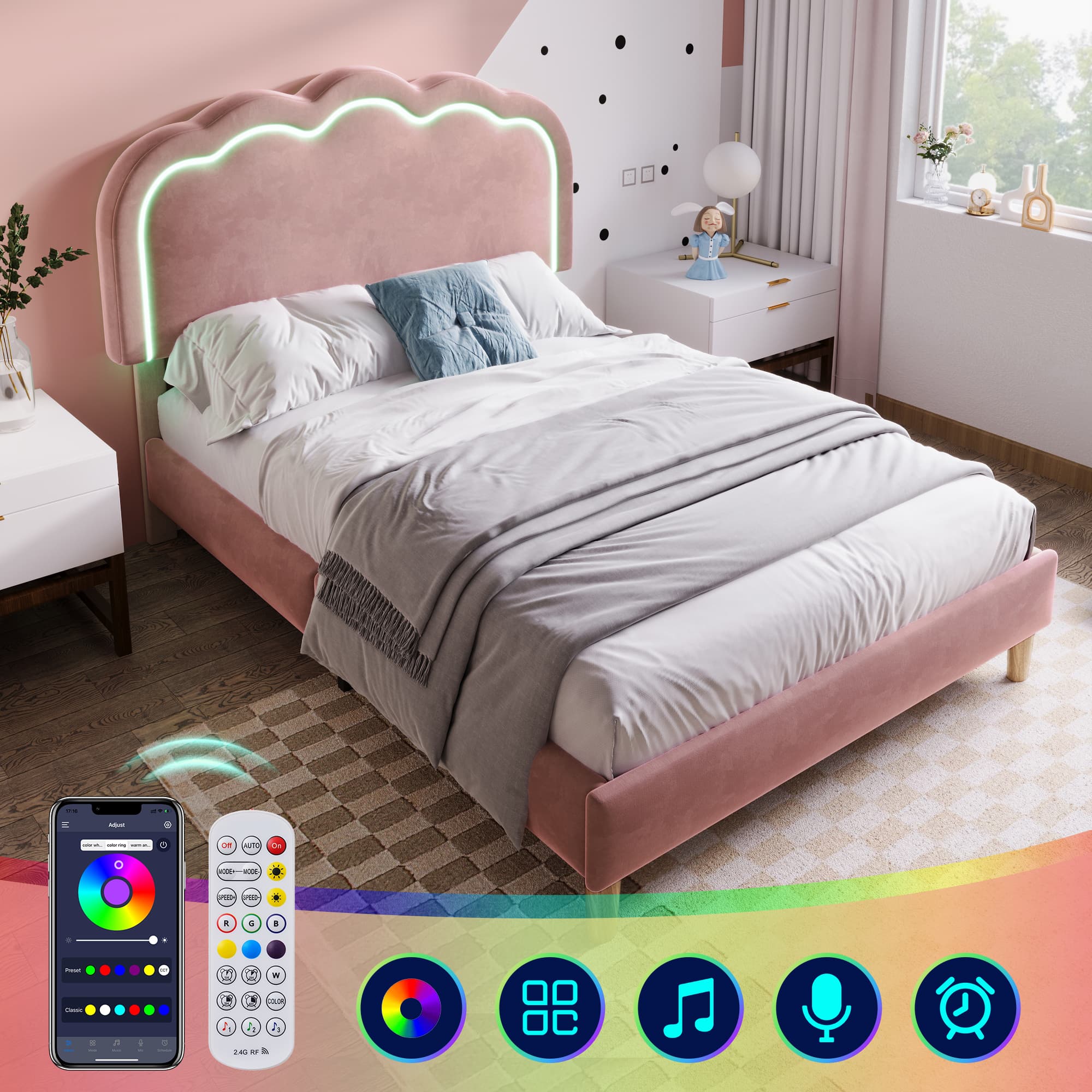 Pink Velvet Bed & LED Headboard - image 1