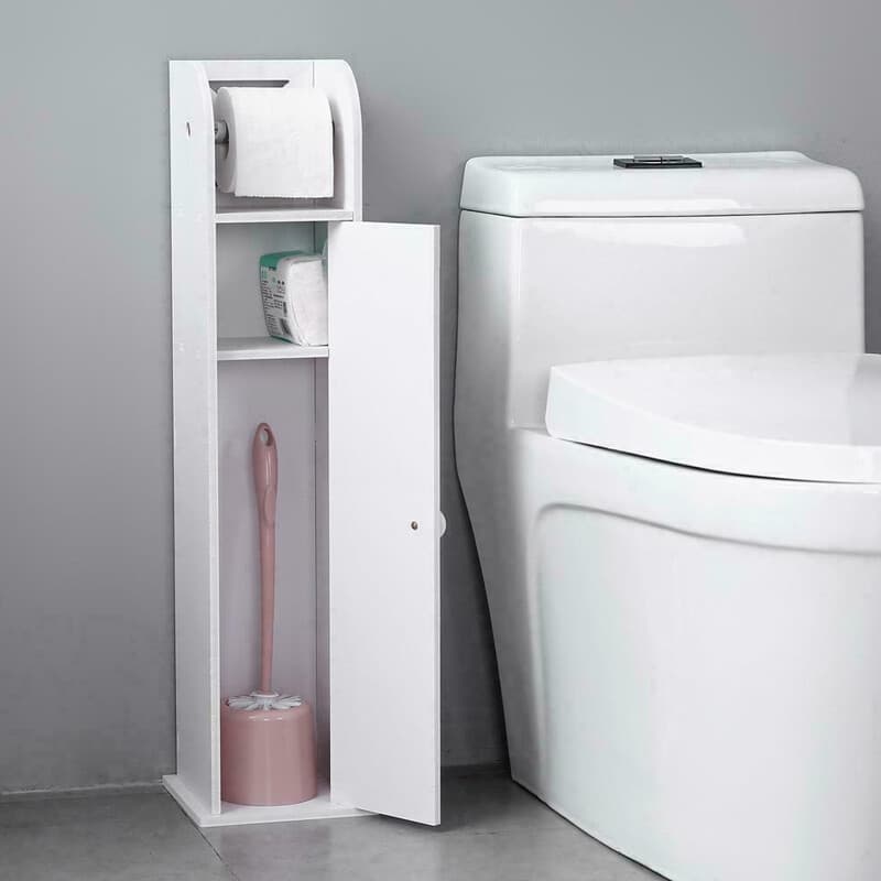 White Freestanding Bathroom Cabinet with Built-In Toilet Roll Holder - image 2
