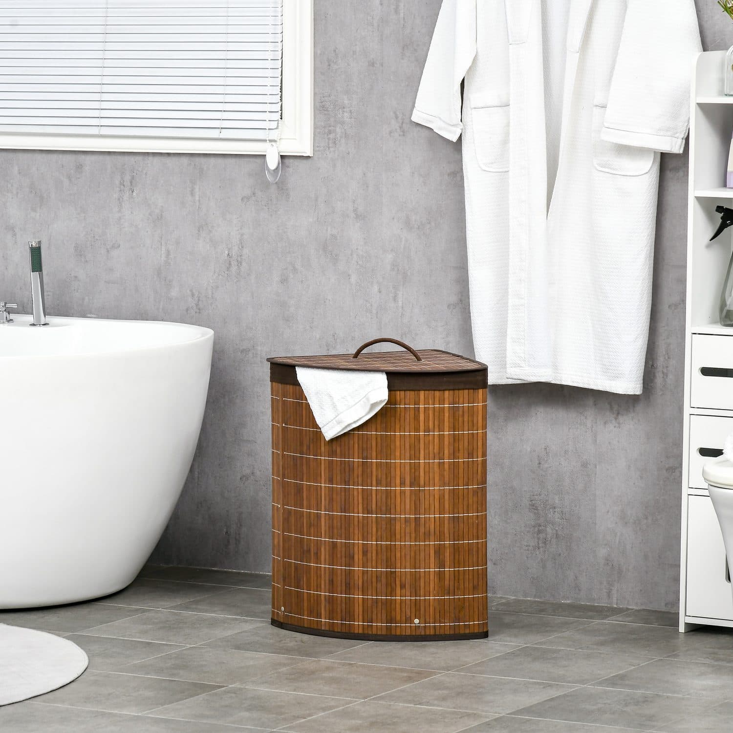 55-Litre Bamboo Corner Laundry Hamper with Lid and Removable Lining - image 2
