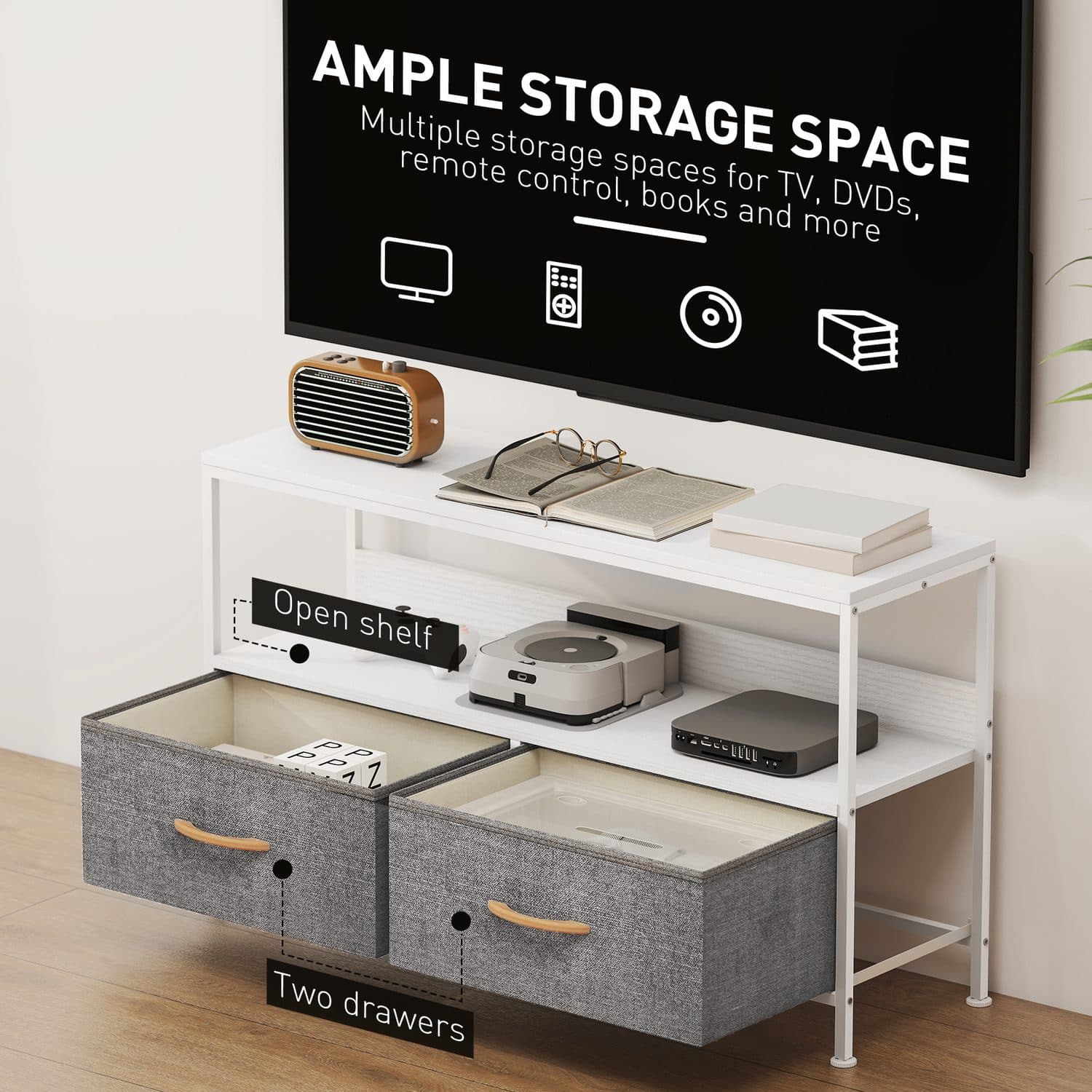 Compact TV Stand with Grey Fabric Drawers and Open Shelf - image 3