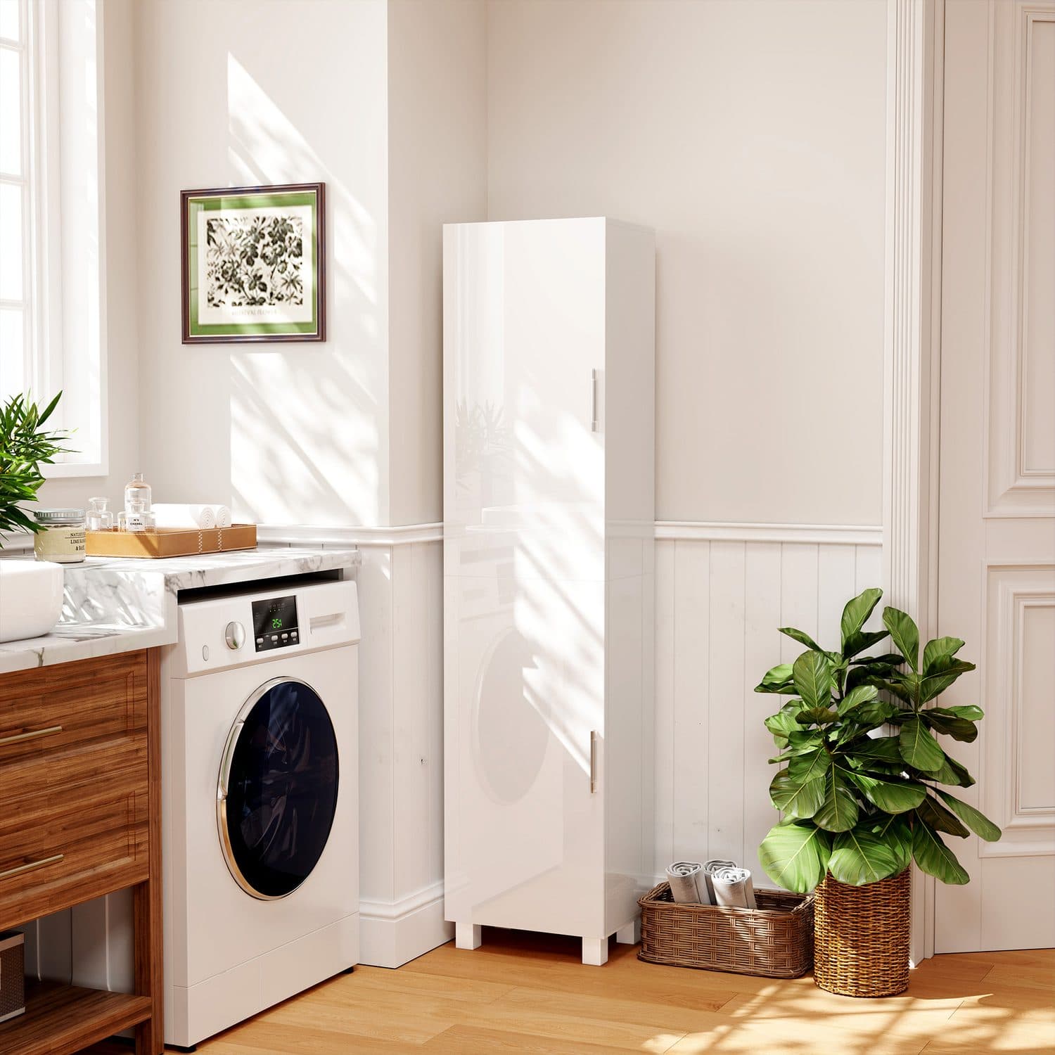 Slim Freestanding Bathroom Cabinet in White High-Gloss - image 3