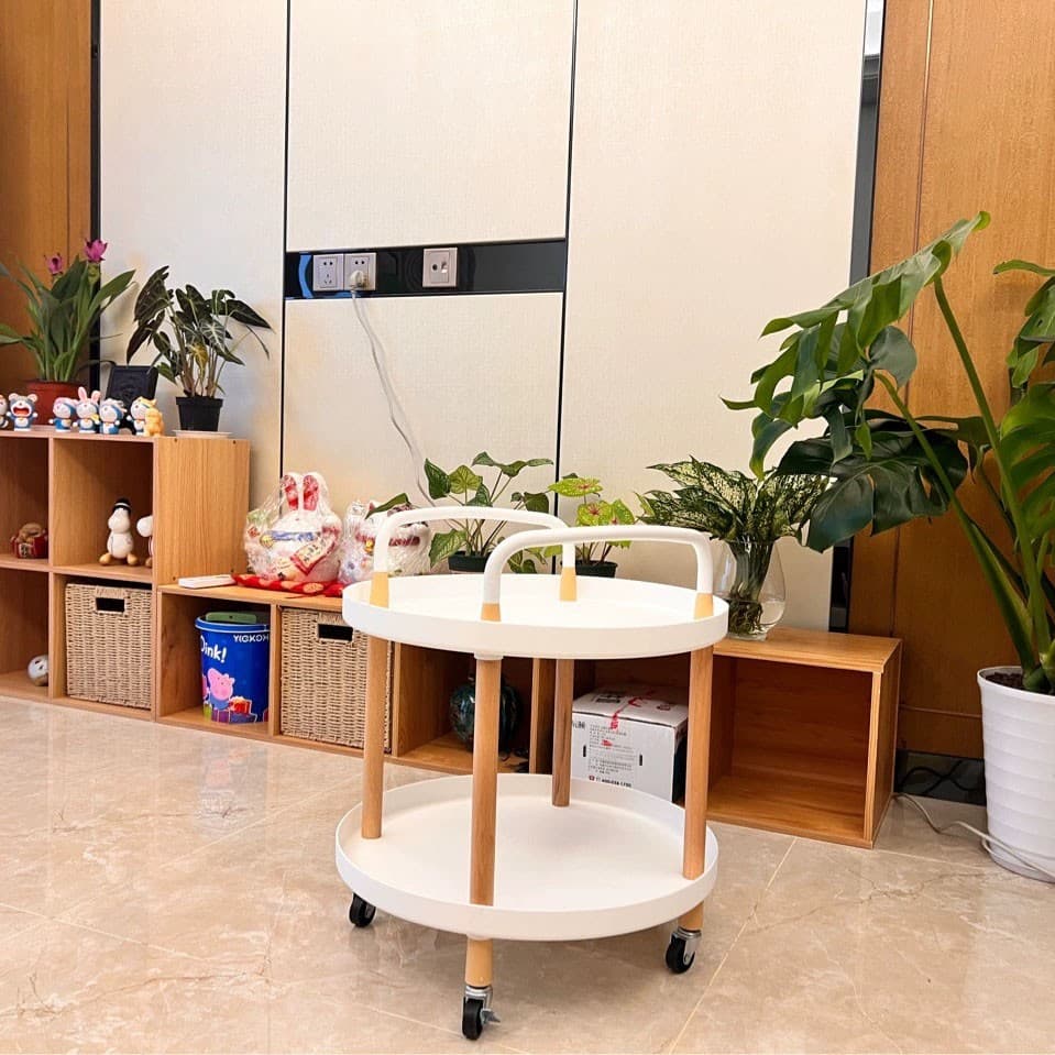 Round Two-Tier Trolley on Castors with Natural Wood Legs - image 10