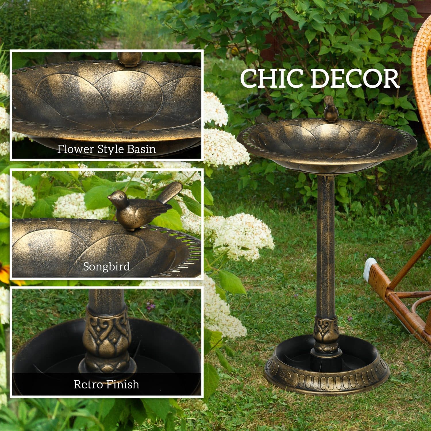 Vintage-Style Bird Bath with Flower Planter Base, Bronze Tone - image 1