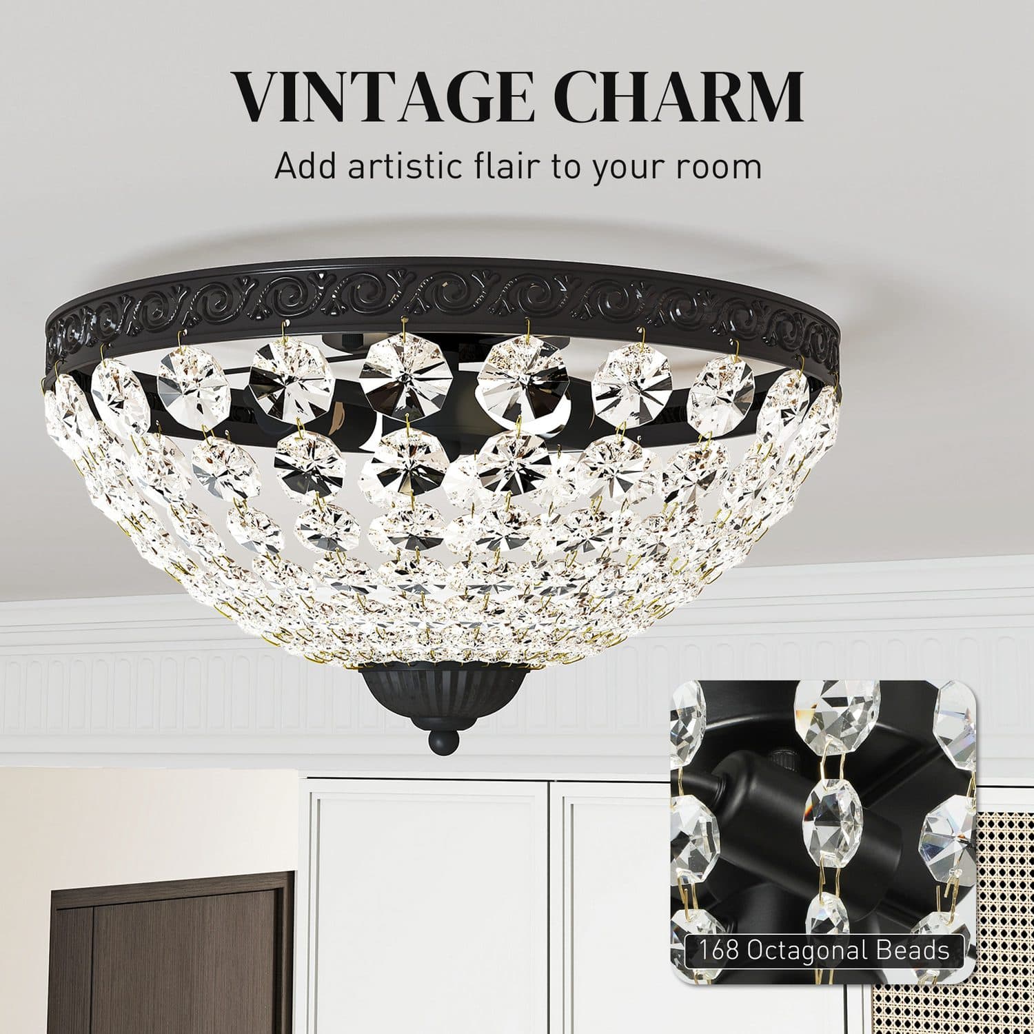 Crystal Ceiling Light with 168 Octagonal Beads, Black Frame - image 5
