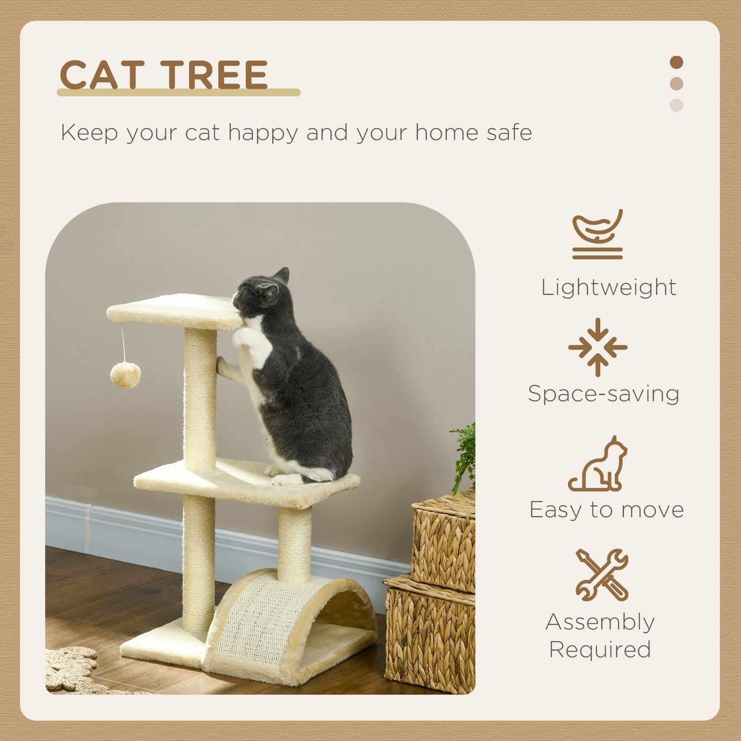 PawHut 72cm Cat Tree with Scratching Post, Cream White - image 2