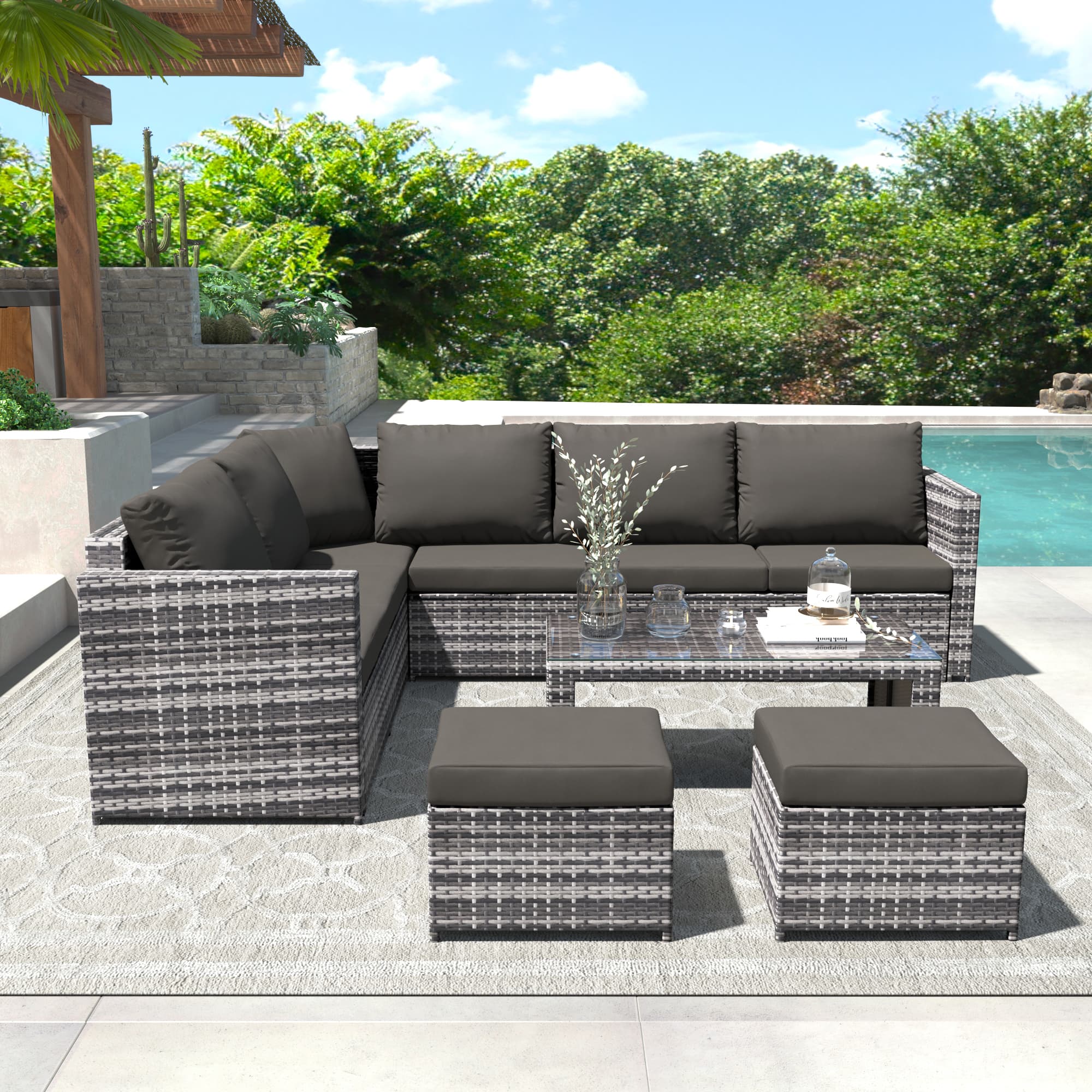 Grey Rattan Garden Corner Sofa Set with Coffee Table and 2 Ottoman Stools - image 3