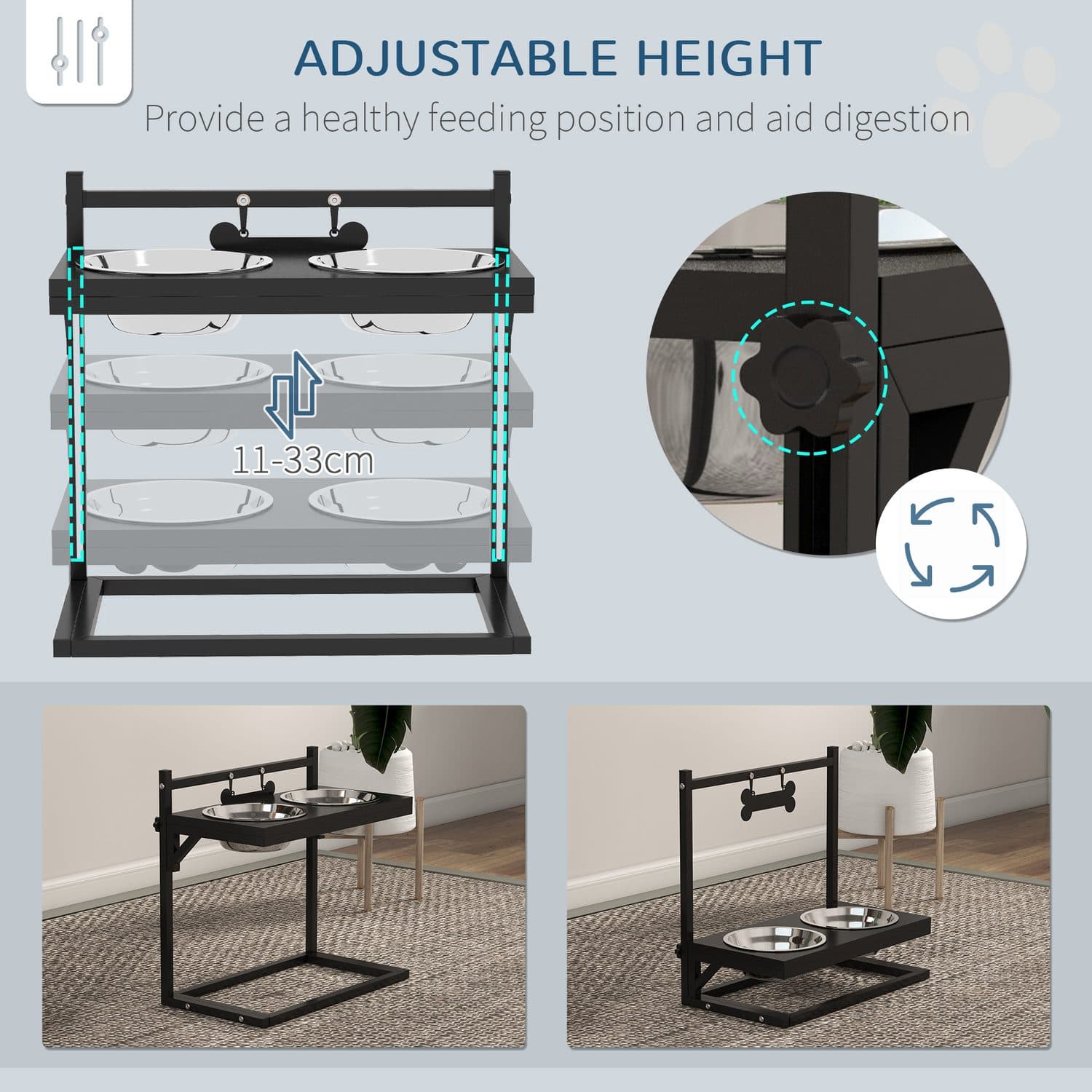 Height-Adjustable Dog Feeder Stand in Black with Two Stainless Bowls - image 1