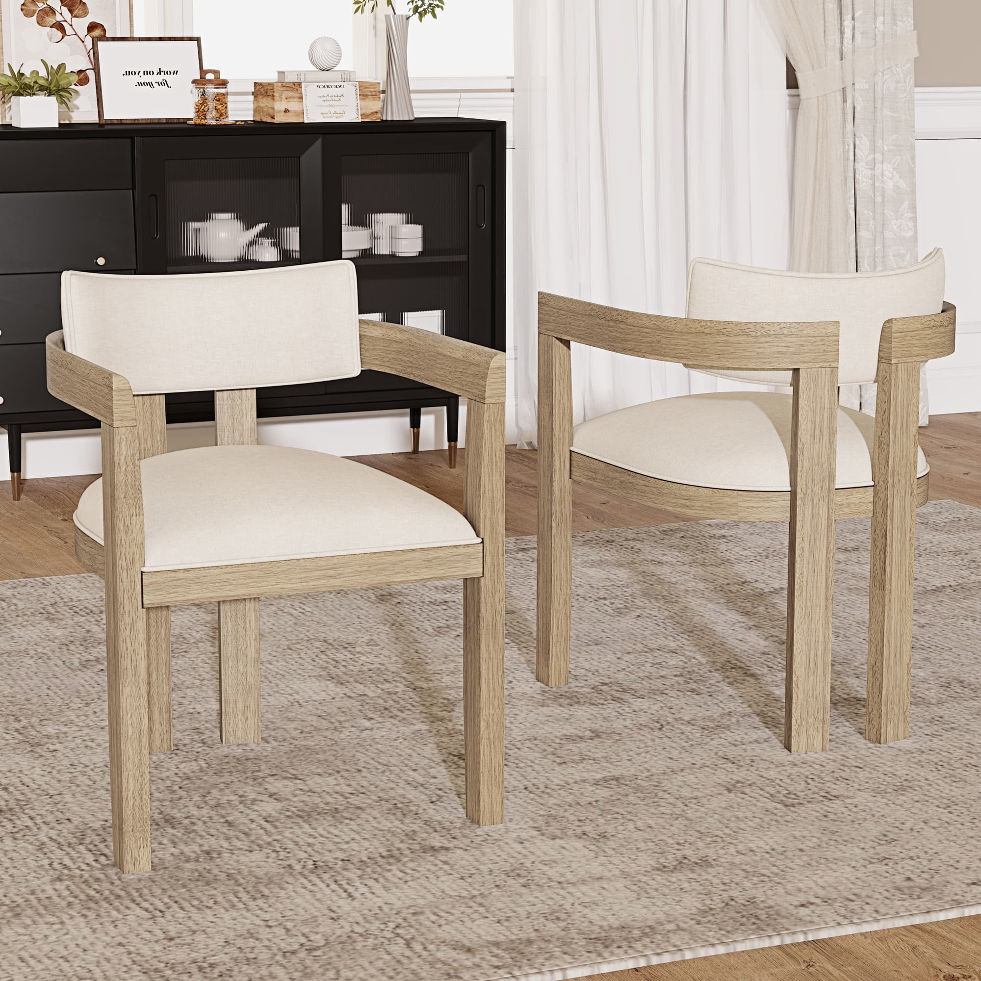 Pair of Natural Wood & Linen Dining Chairs with Armrests - image 1