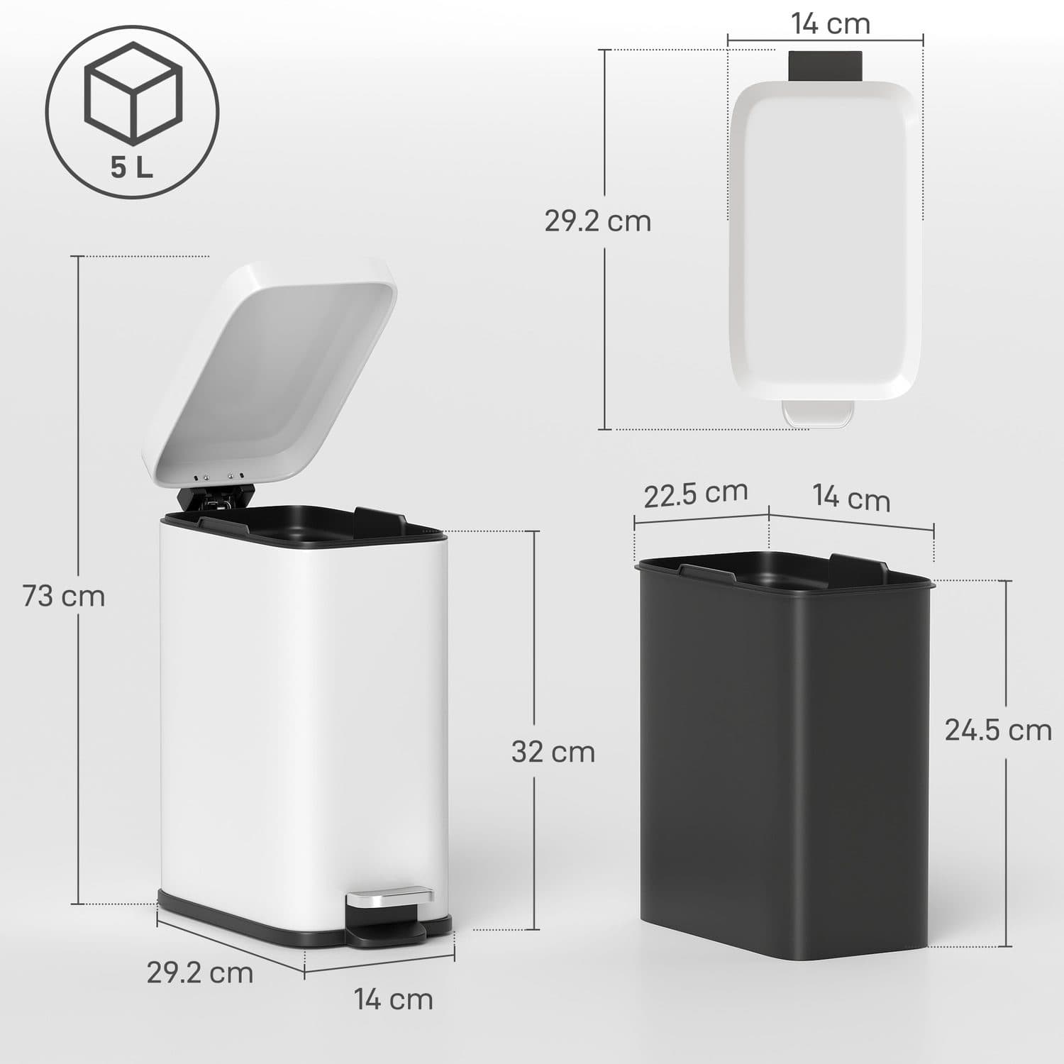 5-Litre Rectangular Steel Pedal Bin in White - image 3