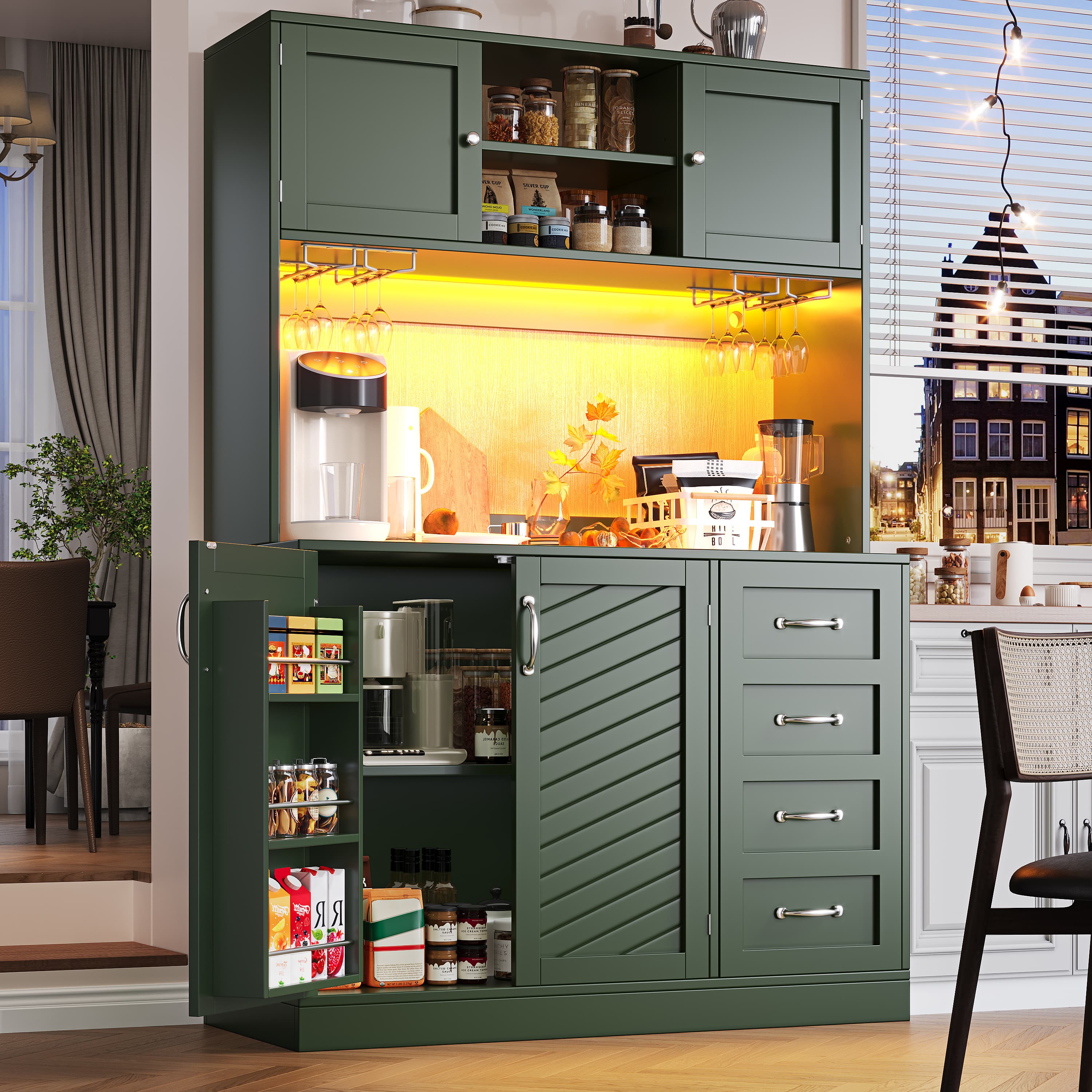 Tall Sideboard Cabinet with LED Lighting, Green and White