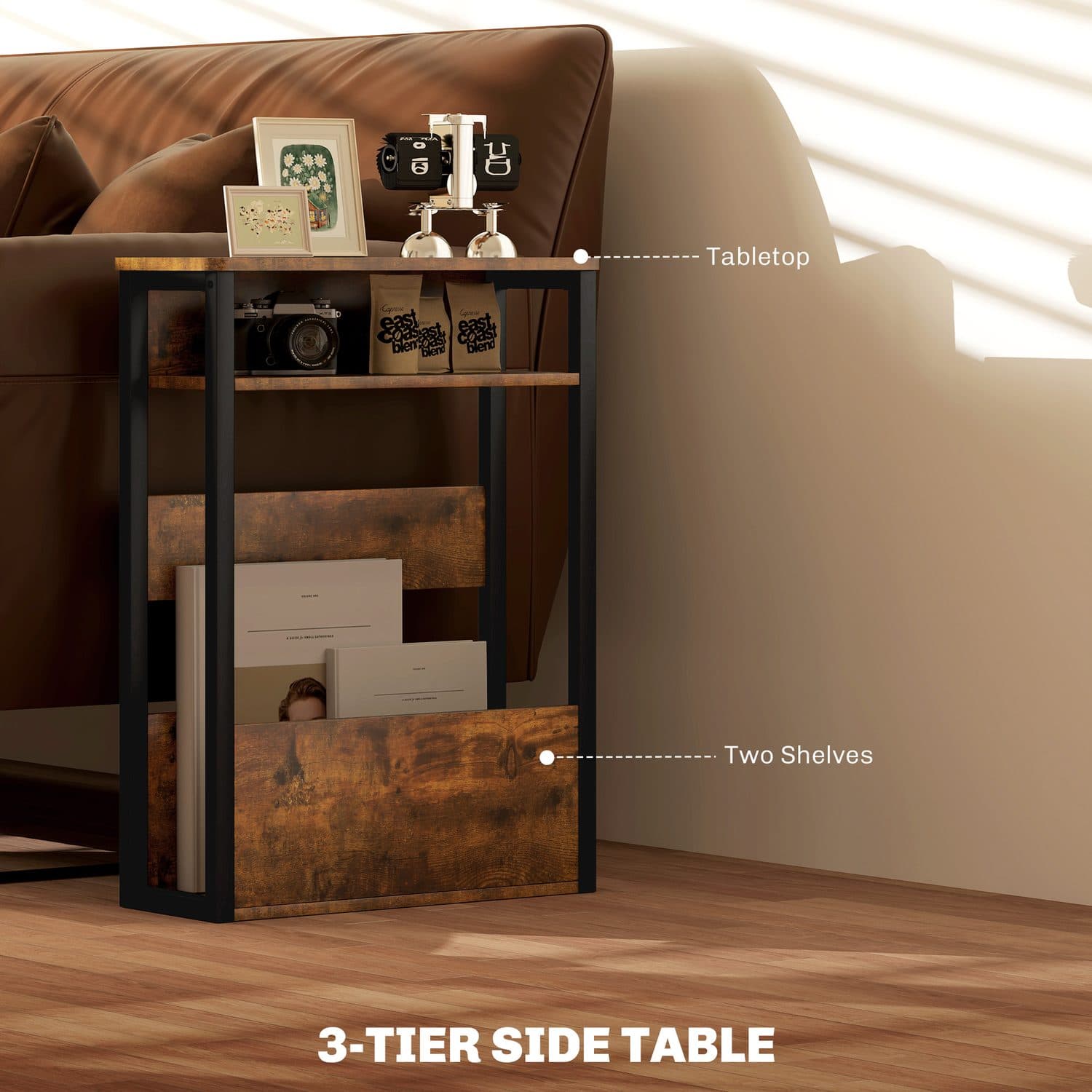 Industrial Side Table with Three Tiers and Magazine Rack - image 5