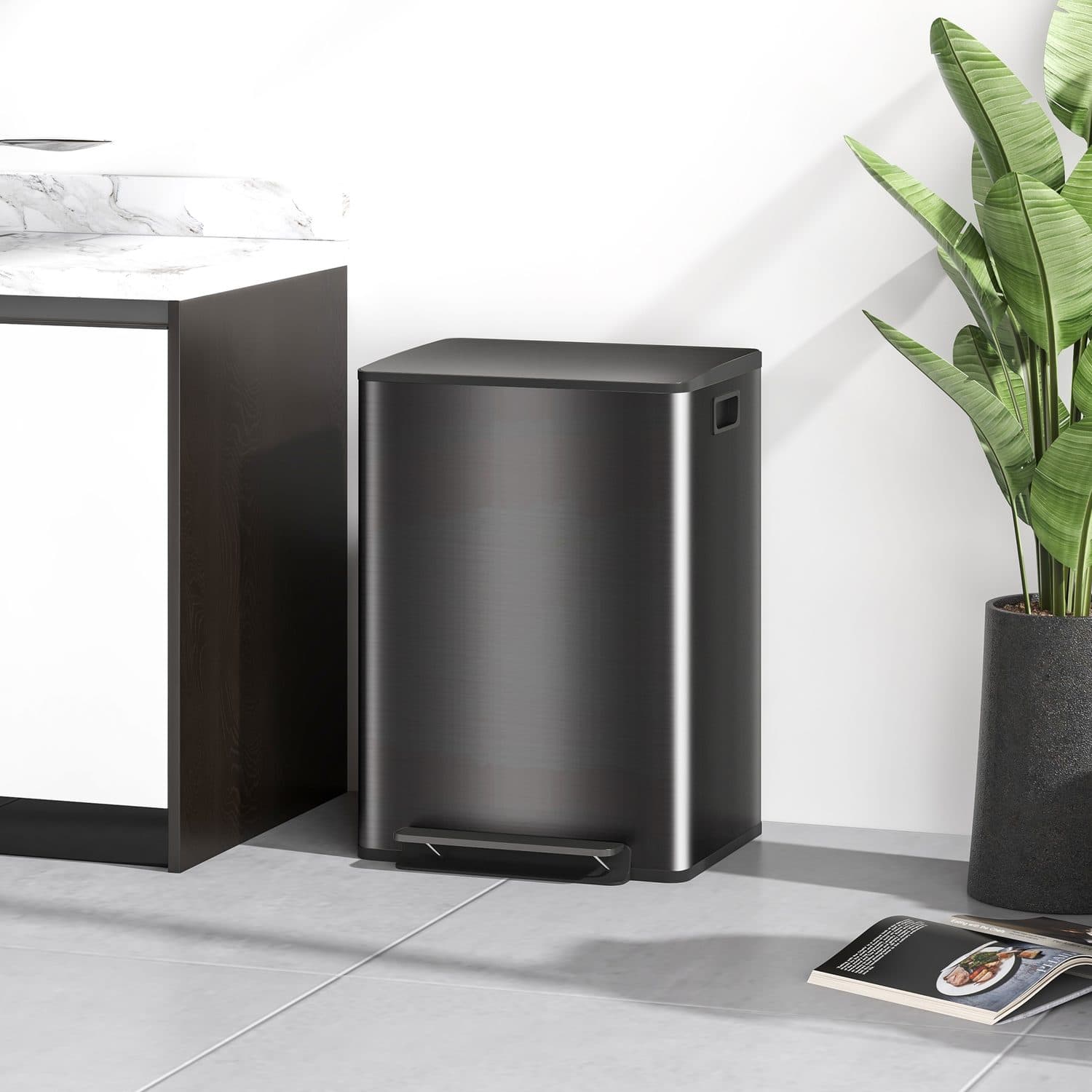 60L Dual Compartment Kitchen Pedal Bin – Black Steel - image 4