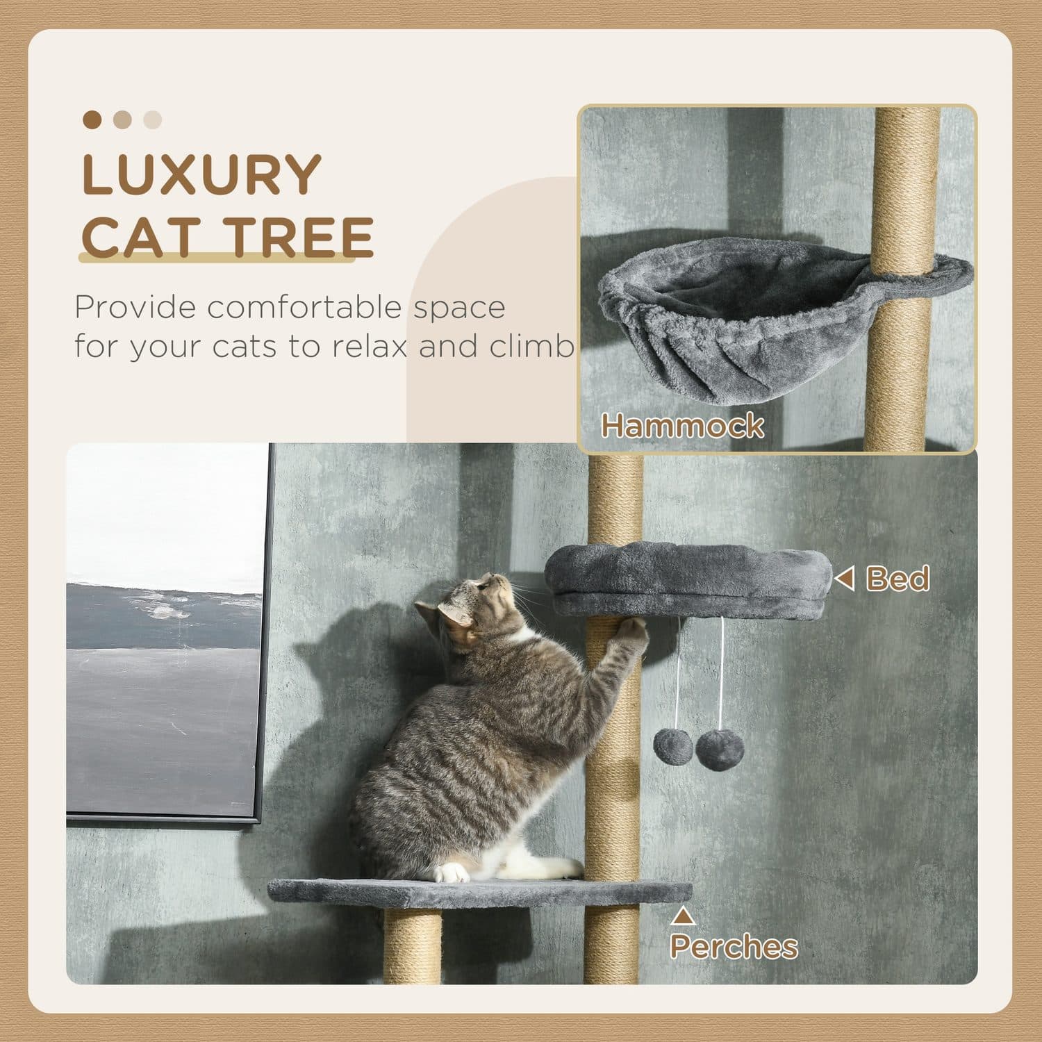 Tall Floor-to-Ceiling Cat Tree With Sisal Posts, Hammock and Toys - image 3