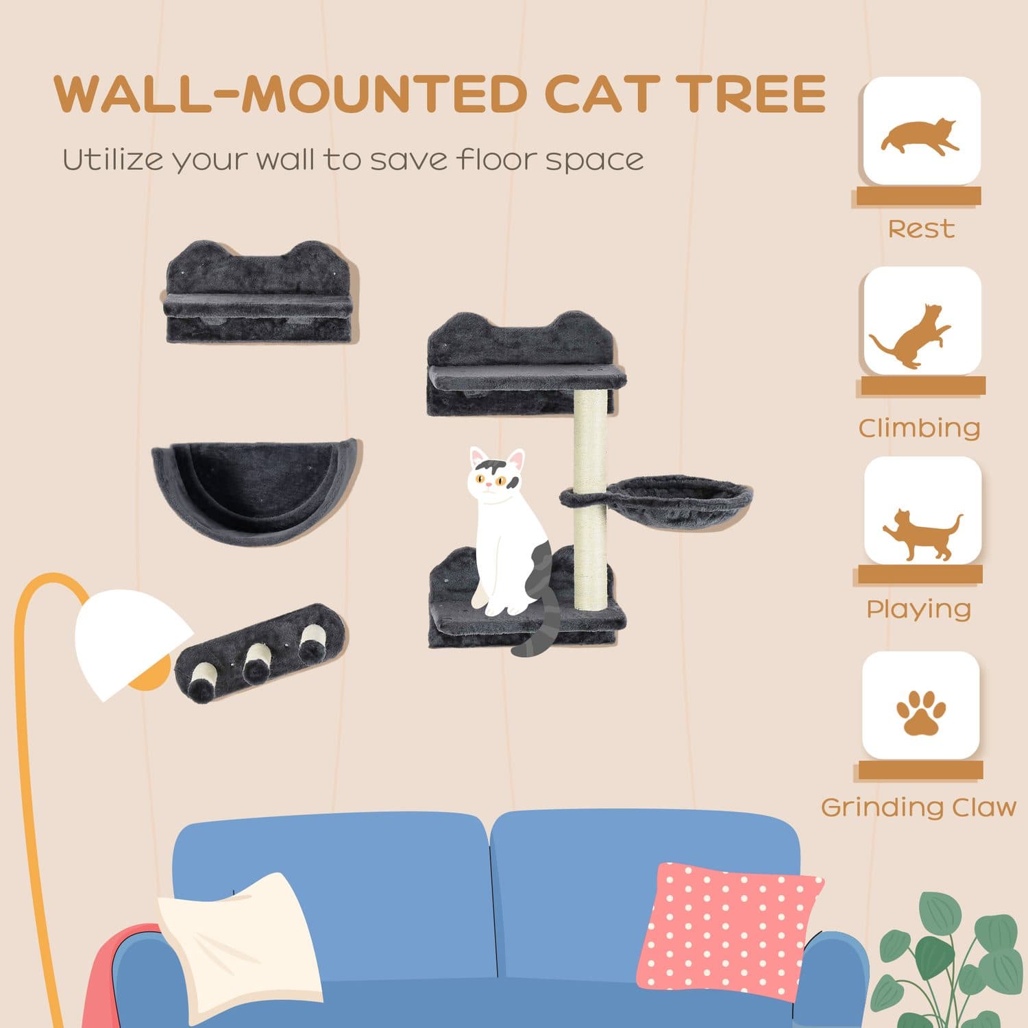 PawHut 4-Piece Wall-Mounted Cat Shelves, Dark Grey - image 5