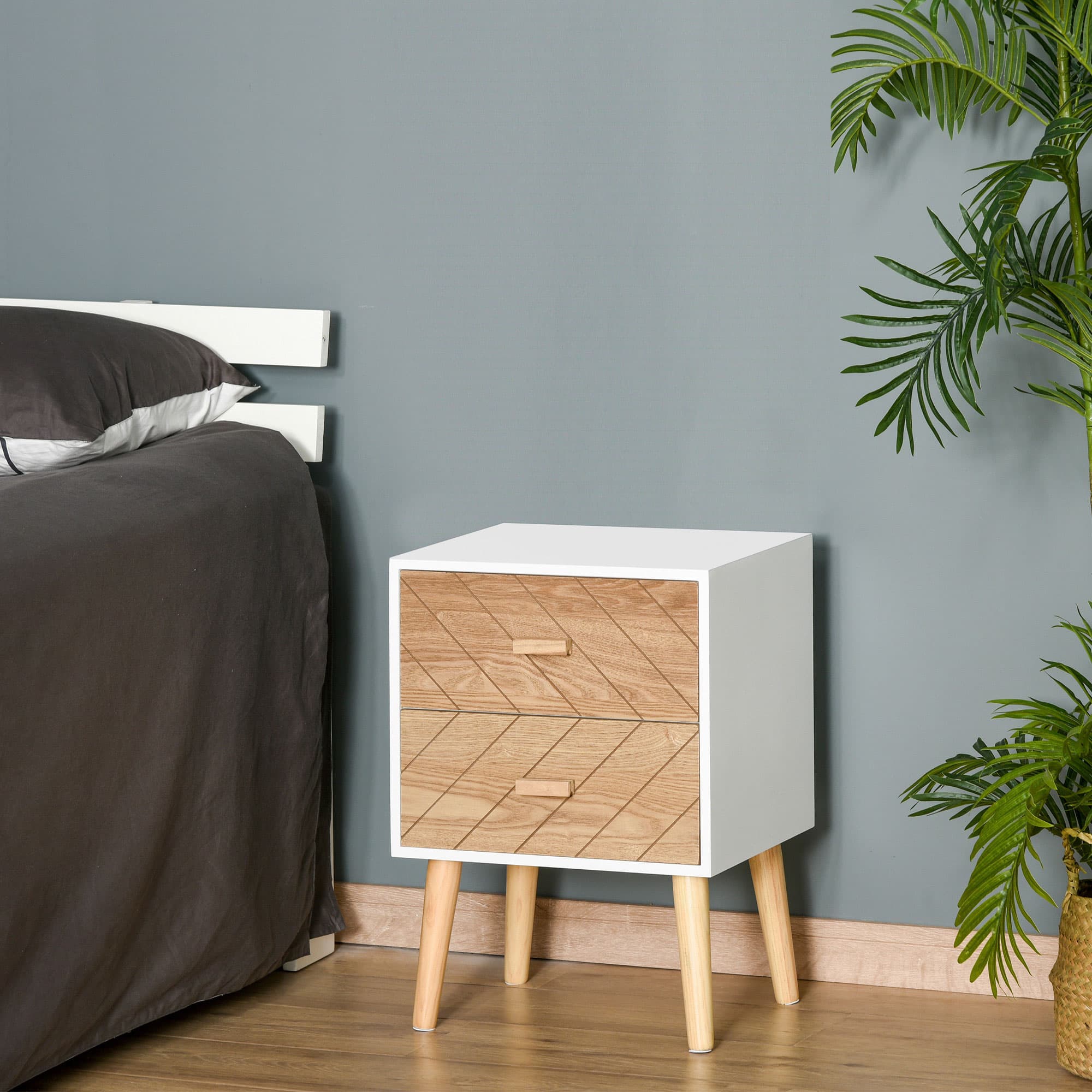 Scandi Bedside Table With Herringbone Drawer Fronts - image 2
