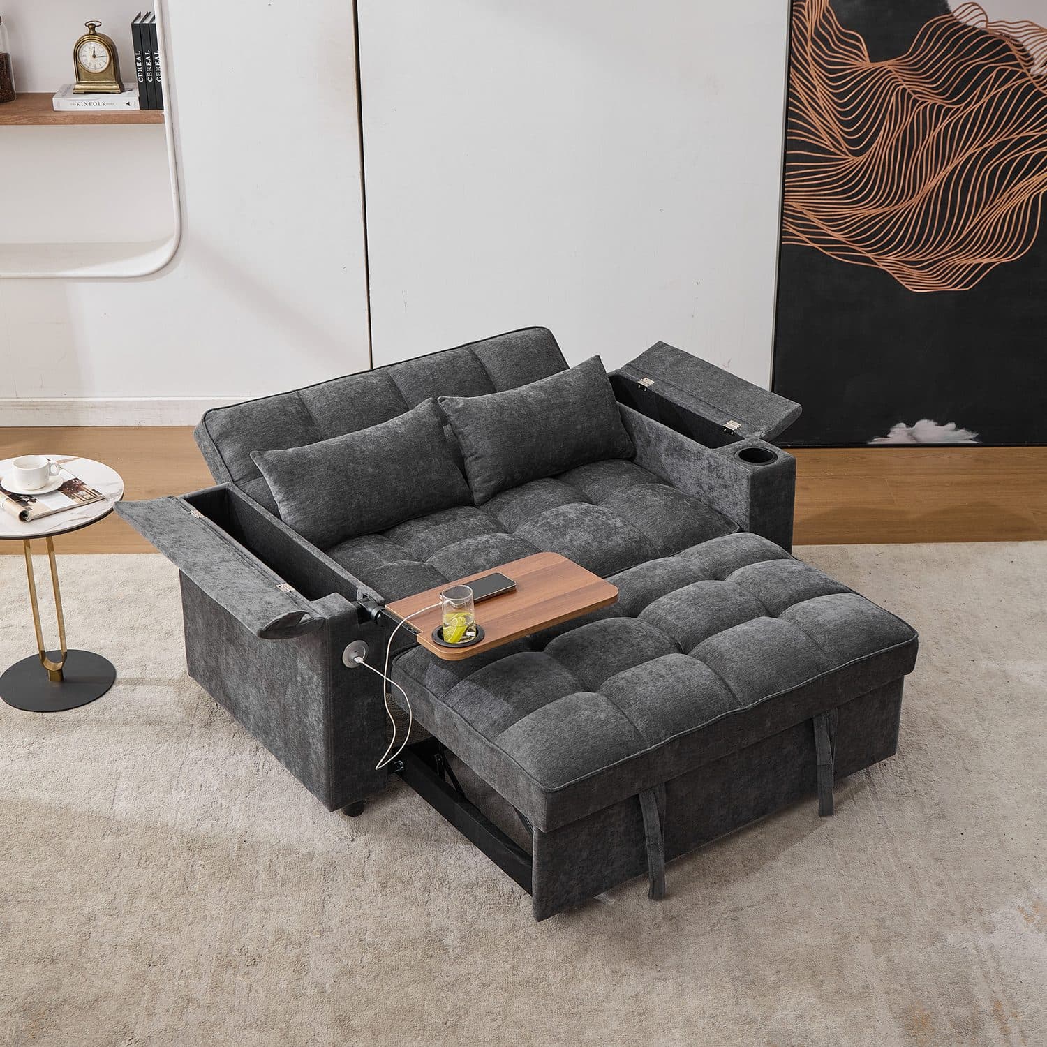 Grey Click Clack Sofa Bed with USB Charging and Hidden Table - image 5