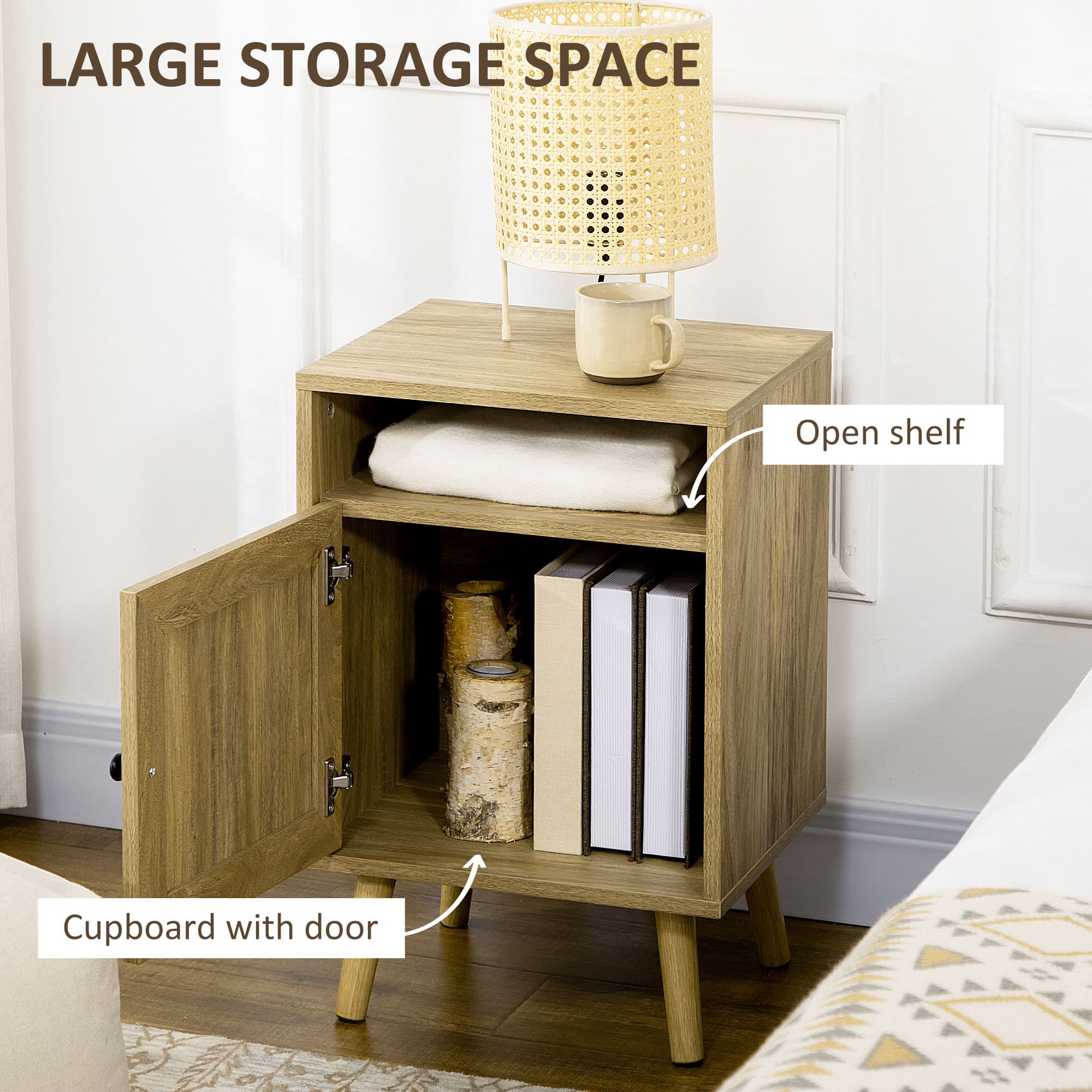Natural Bedside Table with Rattan Door Storage - image 1