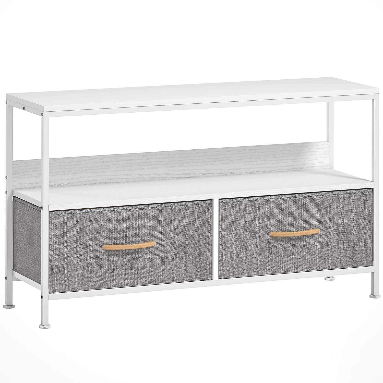 Compact TV Stand with Grey Fabric Drawers and Open Shelf - White