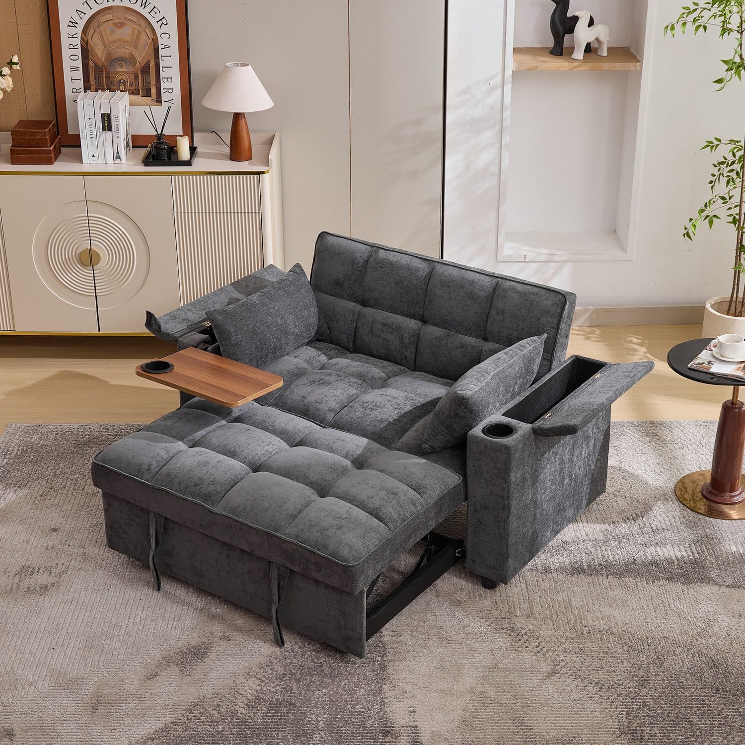 Grey Click Clack Sofa Bed with USB Charging and Hidden Table - Grey