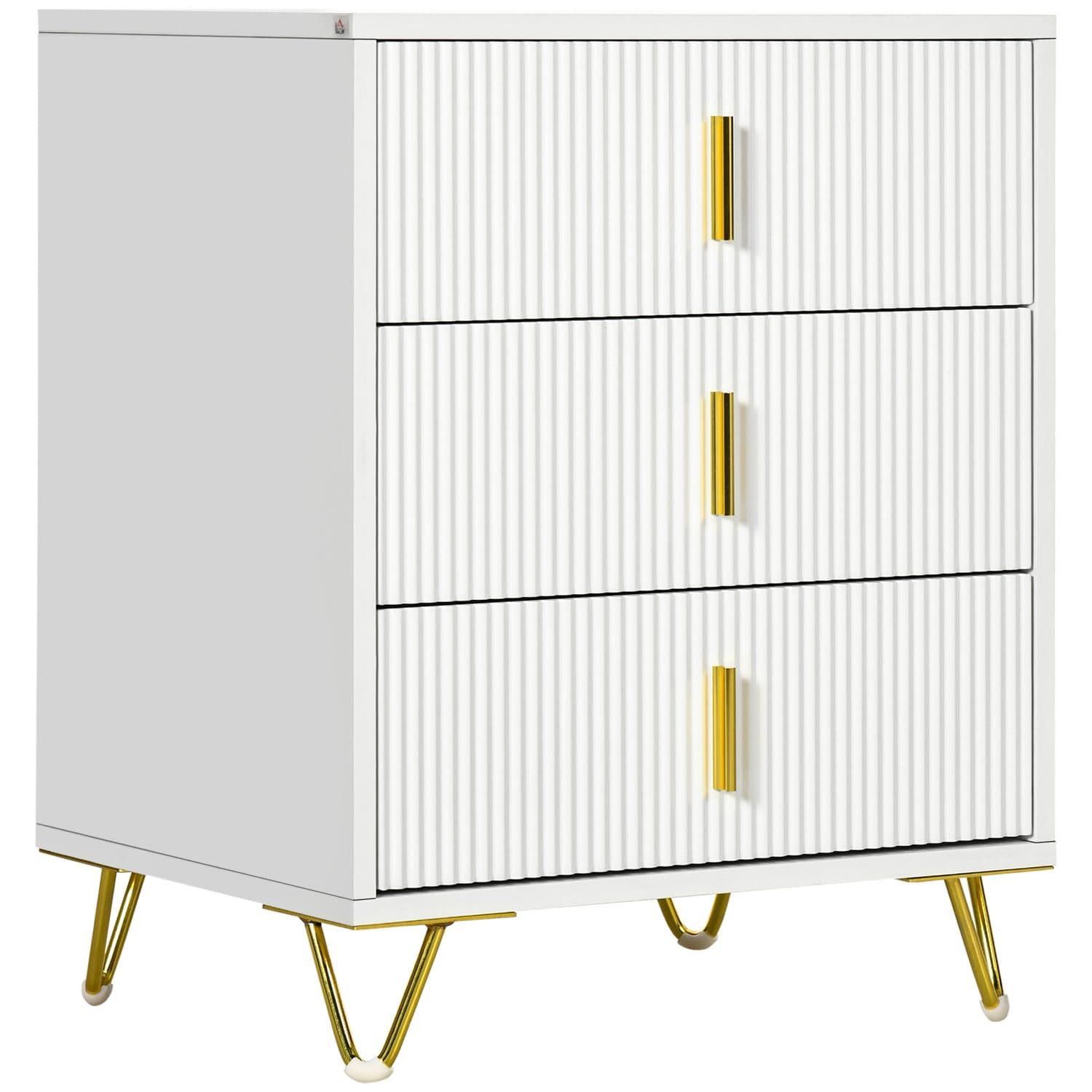 Three-Drawer Ribbed Chest with Gold Hairpin Legs - White