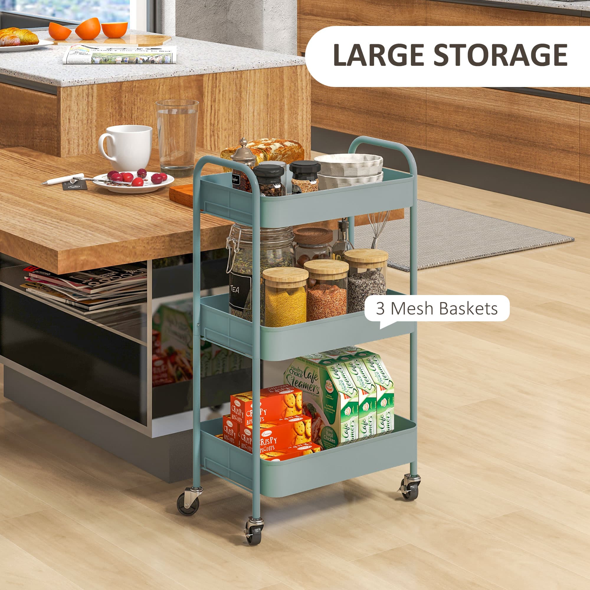 Three-Tier Steel Storage Trolley with Castors in Teal - image 5